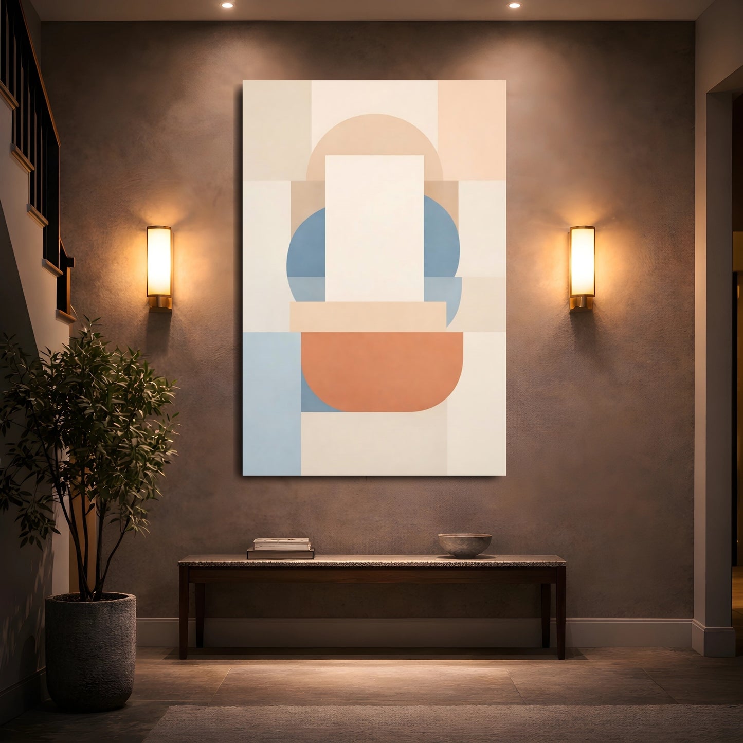 Abstract Geometric Shapes Cream Blue Terracotta shown as front canvas room wall art