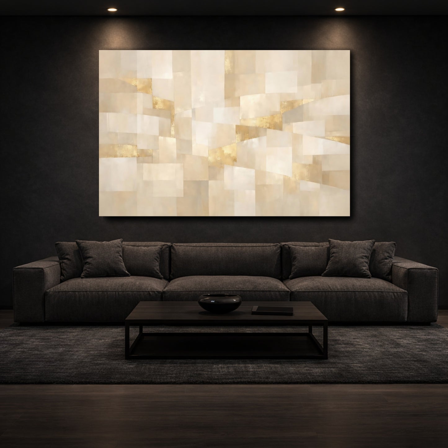 Mockup 2. Abstract Geometric Shapes Cream Gold Abstract shown as stretched canvas wall art