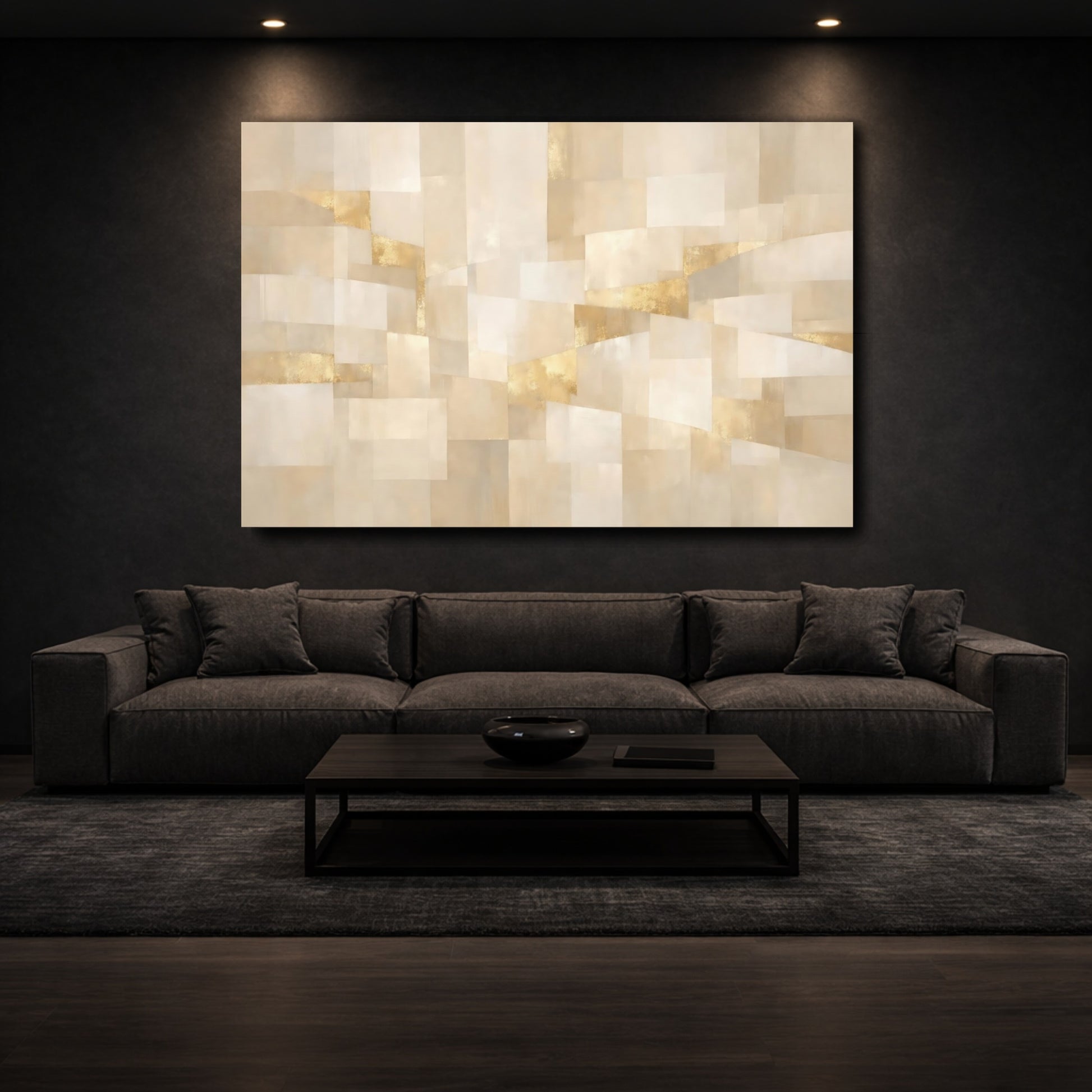 Mockup 2. Abstract Geometric Shapes Cream Gold Abstract shown as stretched canvas wall art