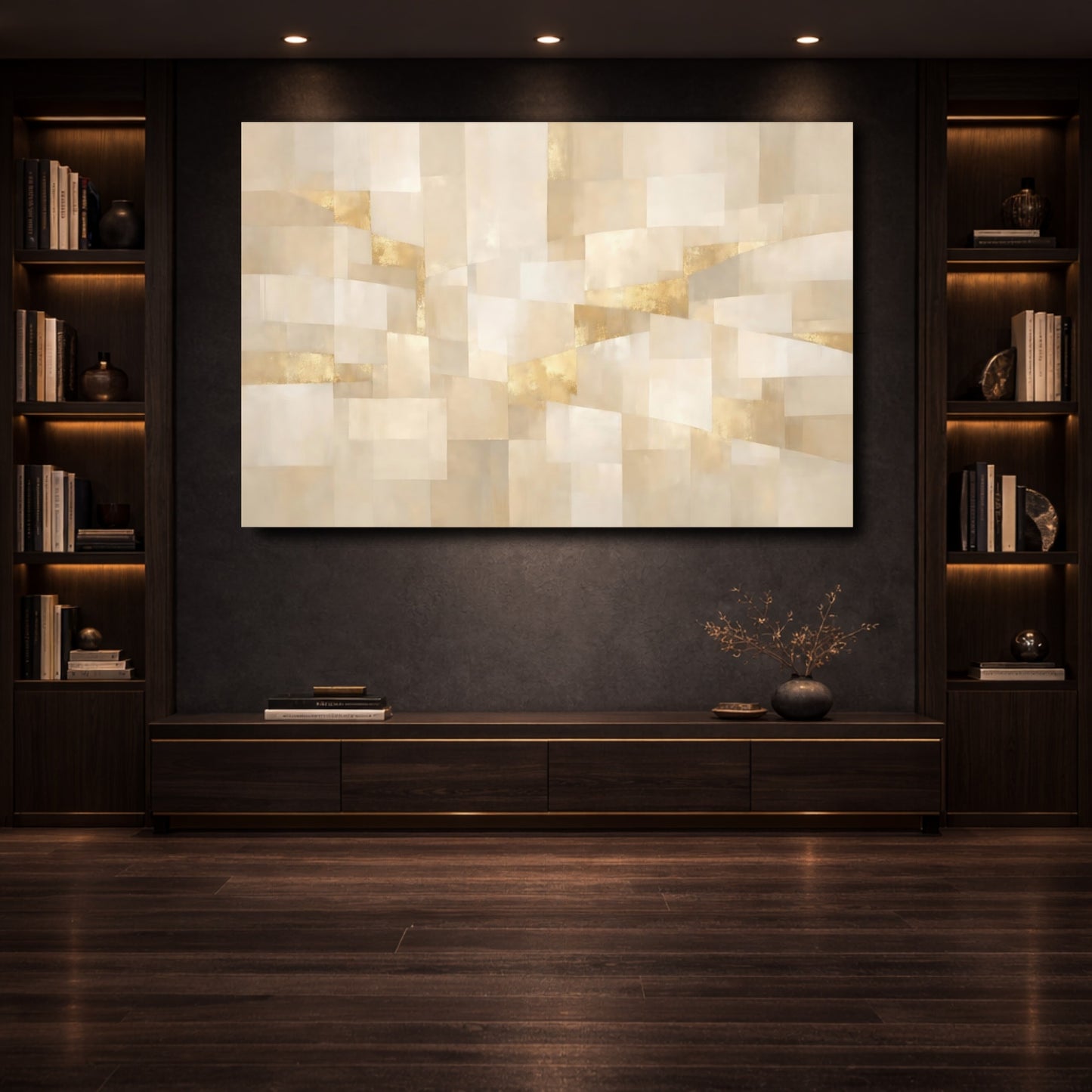 Mockup 3. Abstract Geometric Shapes Cream Gold Abstract shown as stretched canvas wall art