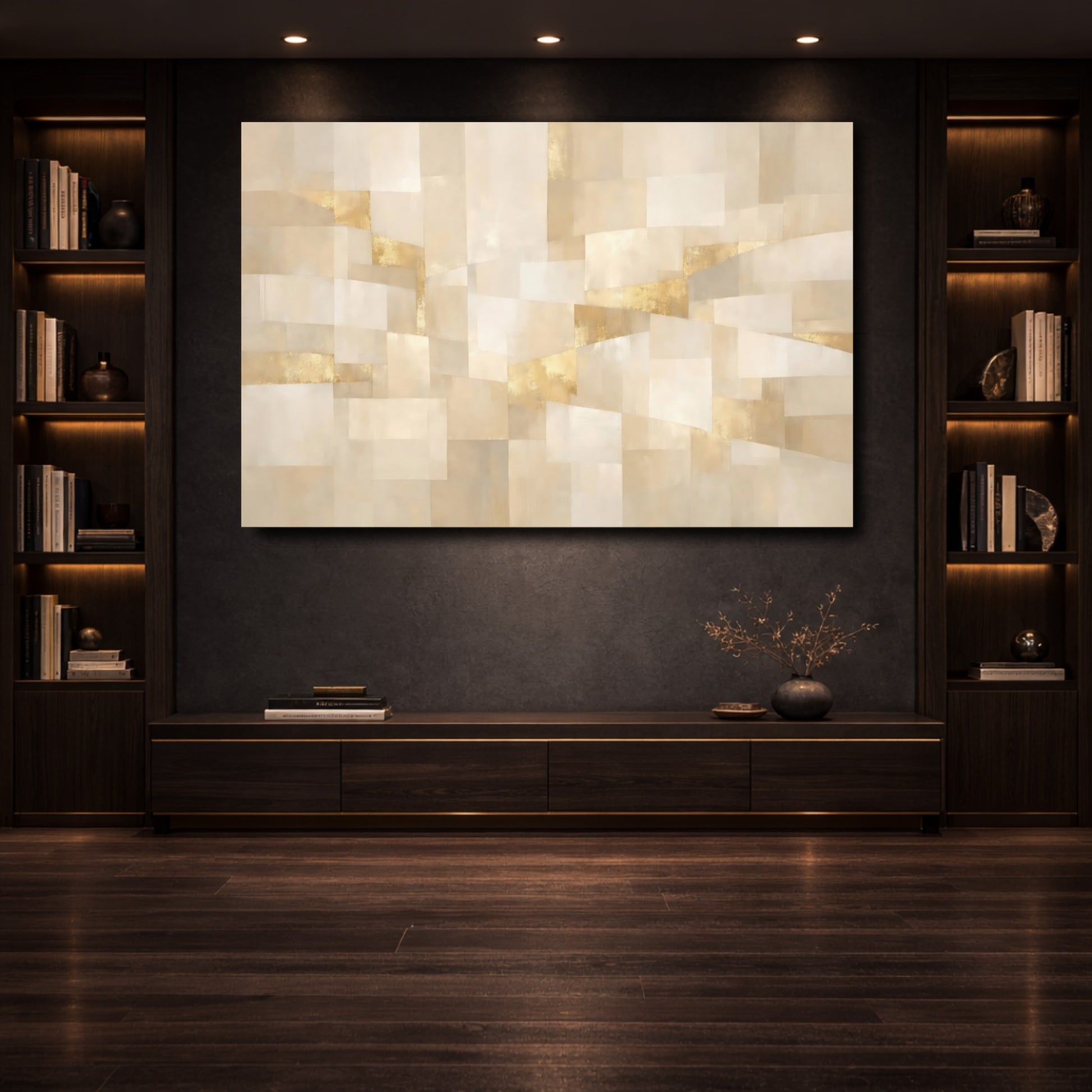 Mockup 3. Abstract Geometric Shapes Cream Gold Abstract shown as stretched canvas wall art