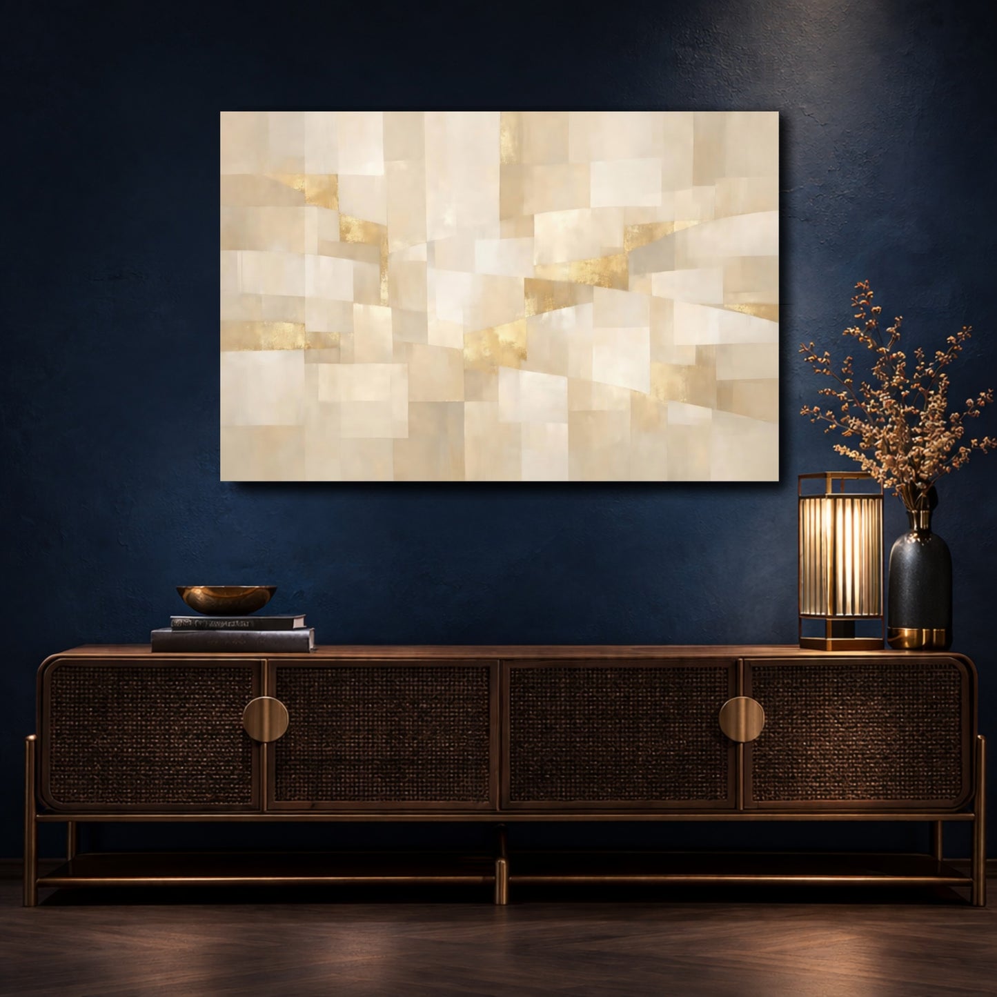 Mockup 4. Abstract Geometric Shapes Cream Gold Abstract shown as stretched canvas wall art