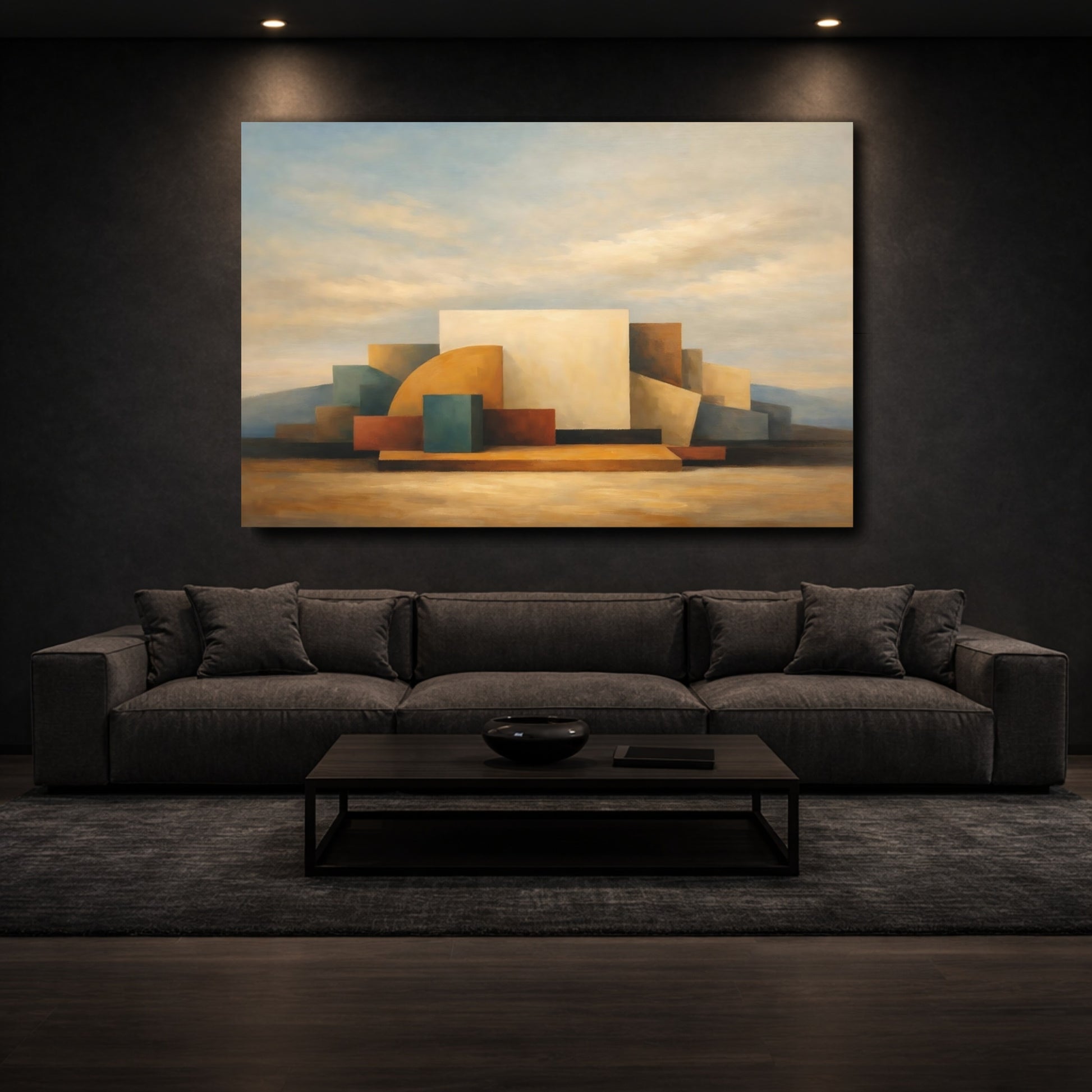 Mockup 2. Abstract Geometric Shapes Earthy Geometric shown as stretched canvas wall art