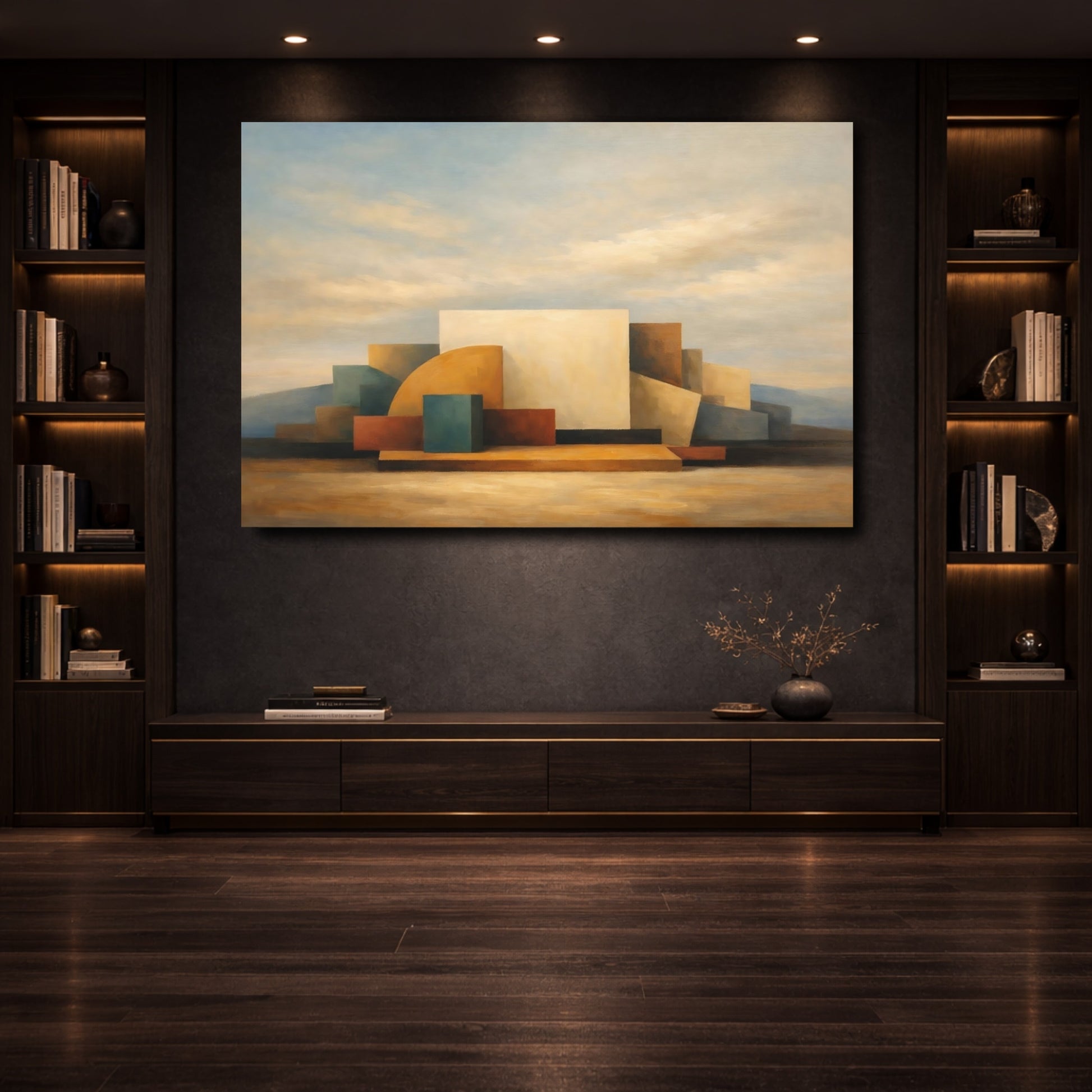 Mockup 3. Abstract Geometric Shapes Earthy Geometric shown as stretched canvas wall art