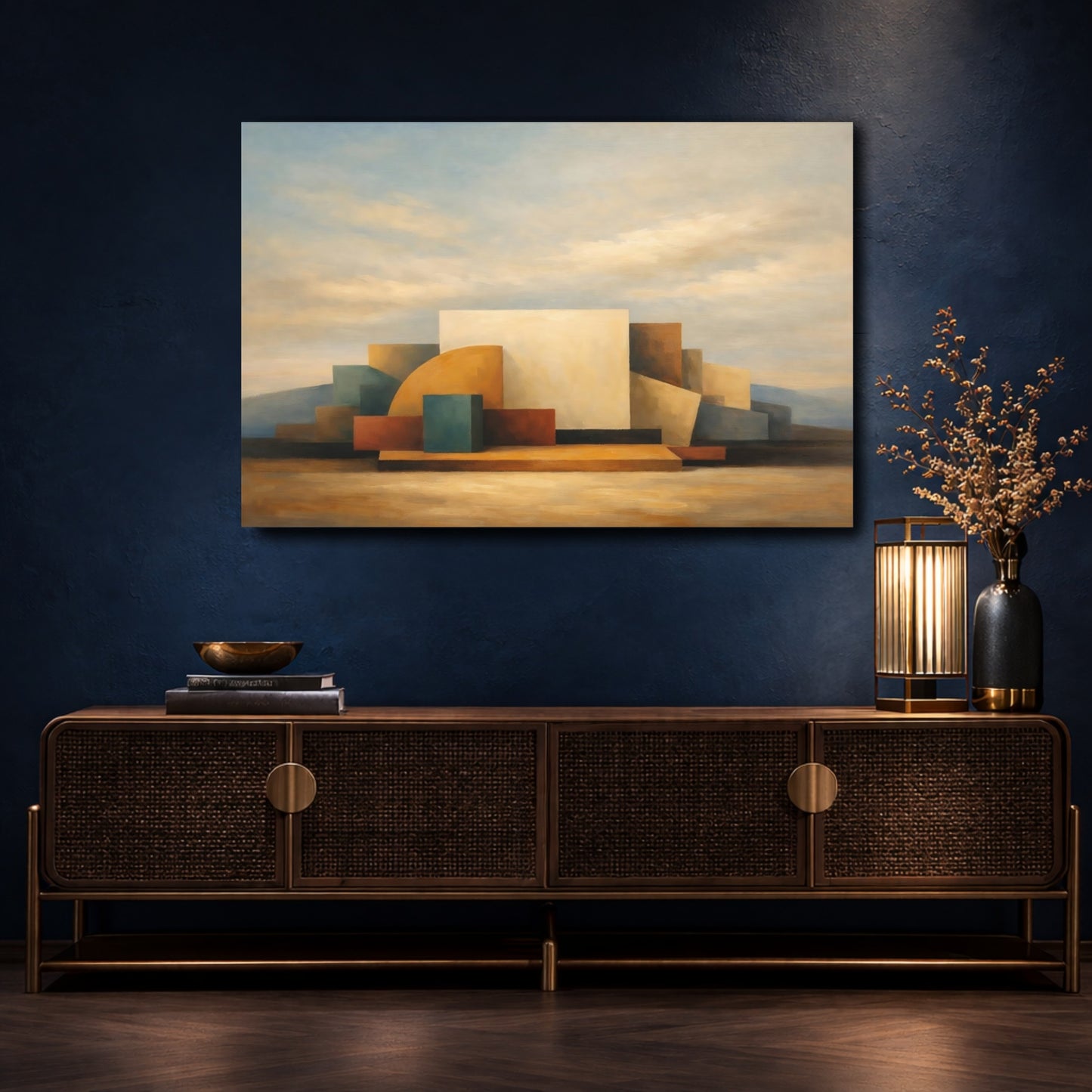 Mockup 4. Abstract Geometric Shapes Earthy Geometric shown as stretched canvas wall art