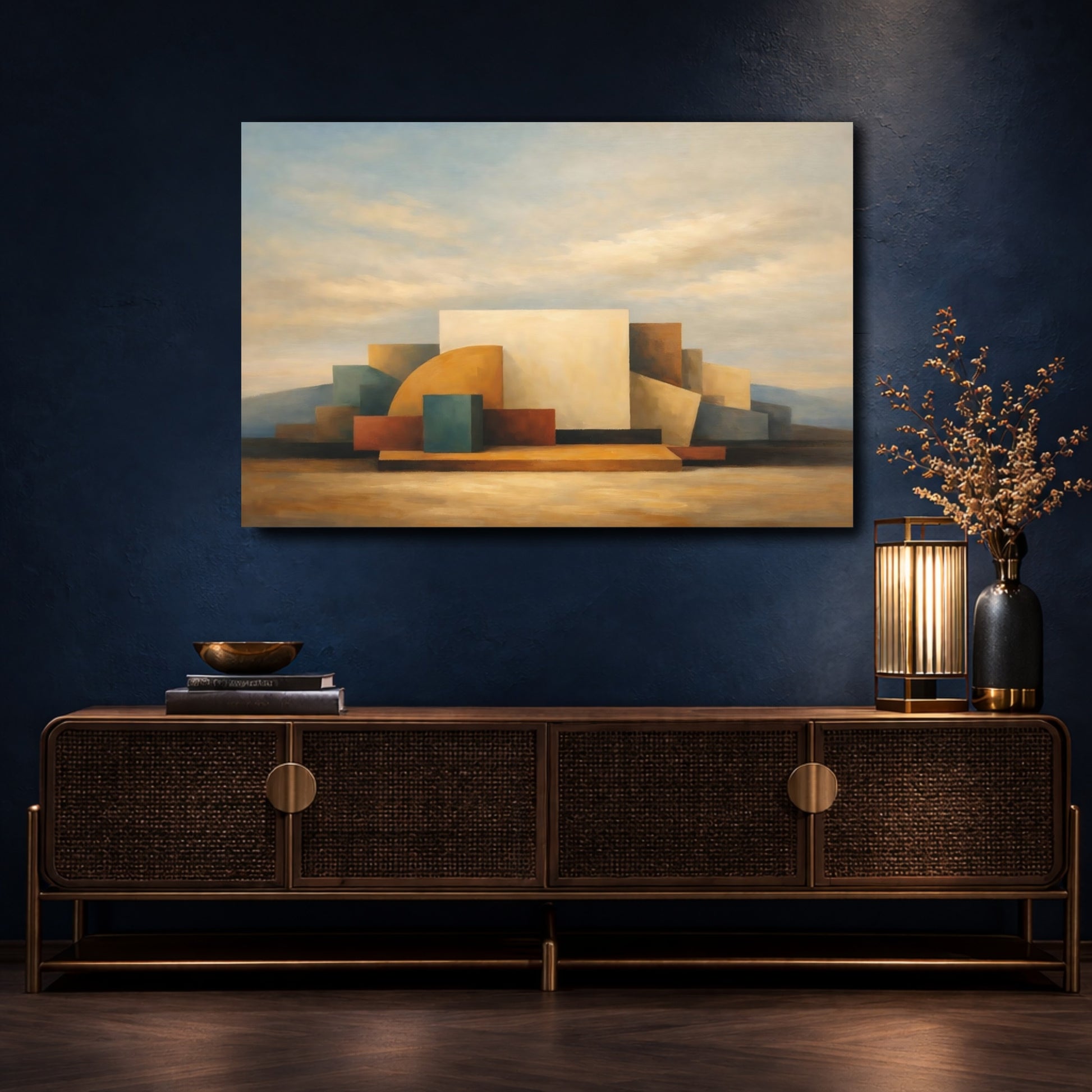 Mockup 4. Abstract Geometric Shapes Earthy Geometric shown as stretched canvas wall art