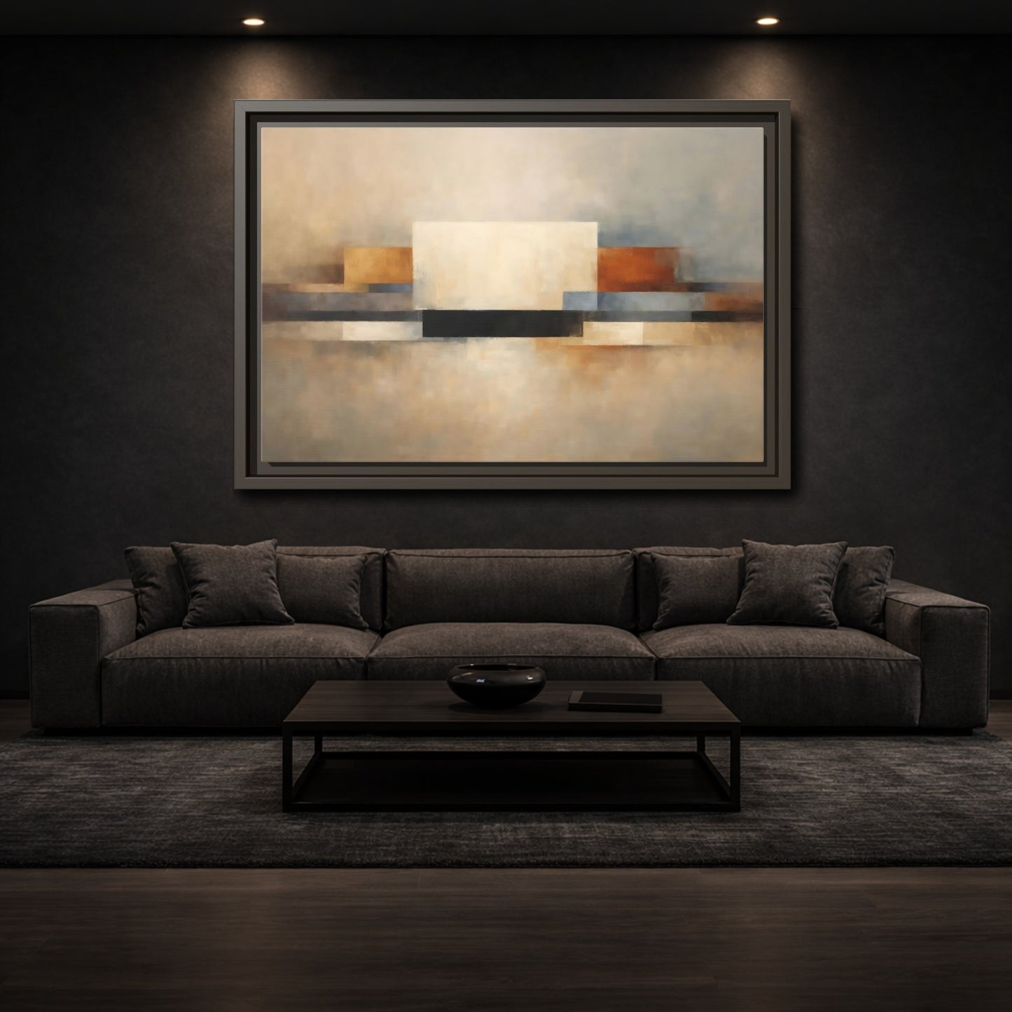 Mockup 2. Abstract Geometric Shapes Earthy Tones Abstract shown as stretched canvas wall art
