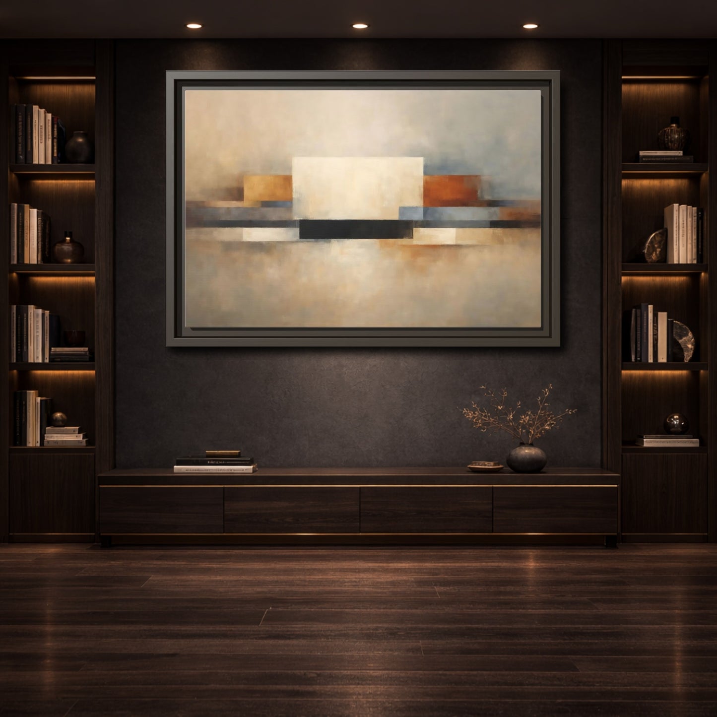 Mockup 3. Abstract Geometric Shapes Earthy Tones Abstract shown as stretched canvas wall art