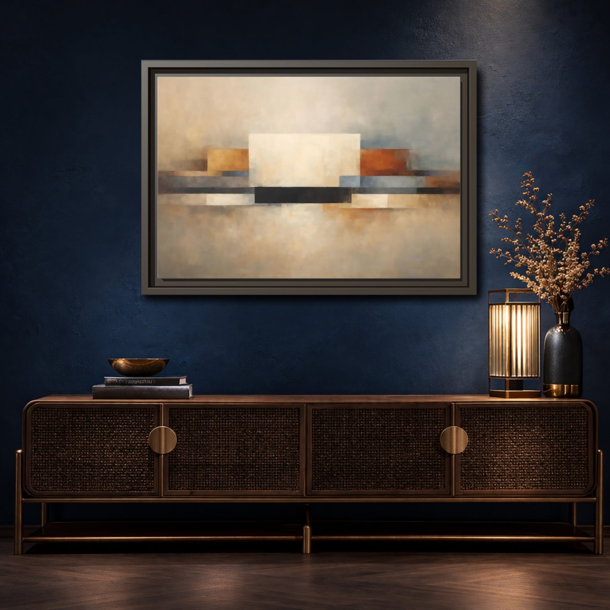 Mockup 4. Abstract Geometric Shapes Earthy Tones Abstract shown as stretched canvas wall art