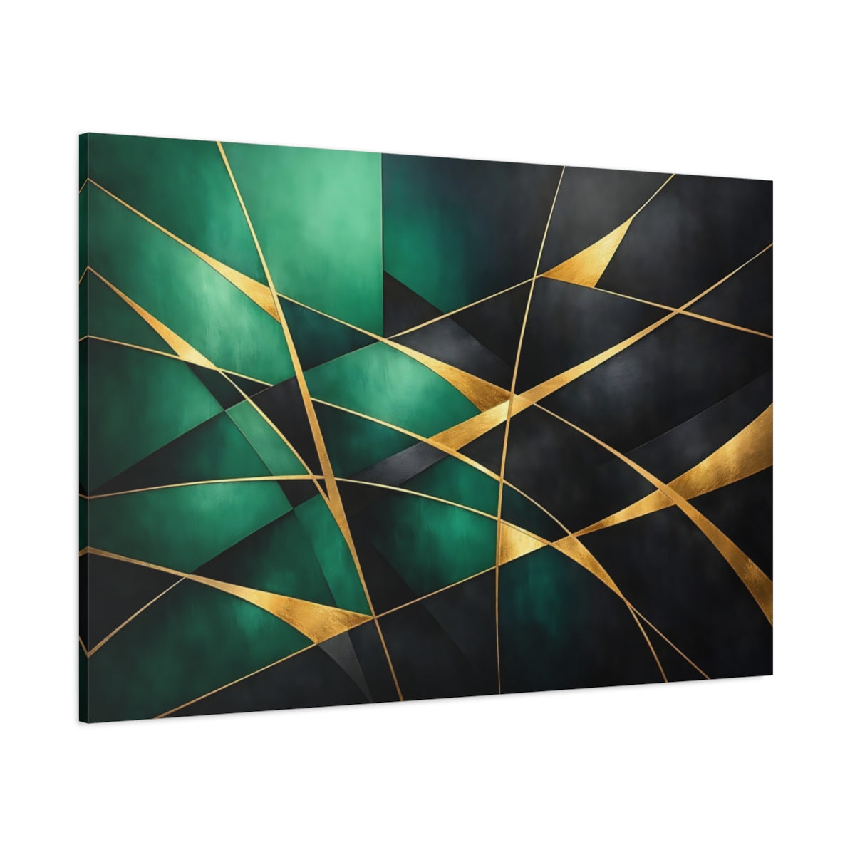 Main Mockup. Abstract Geometric Shapes Emerald Gold Abstract shown as stretched canvas wall art