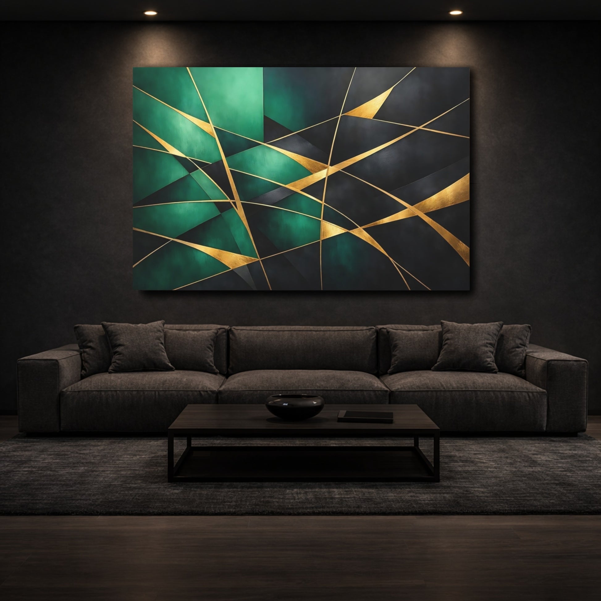 Mockup 2. Abstract Geometric Shapes Emerald Gold Abstract shown as stretched canvas wall art