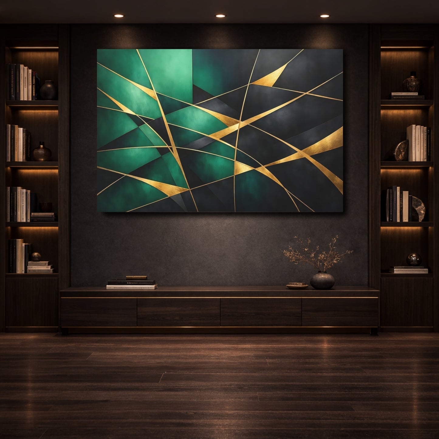 Mockup 3. Abstract Geometric Shapes Emerald Gold Abstract shown as stretched canvas wall art