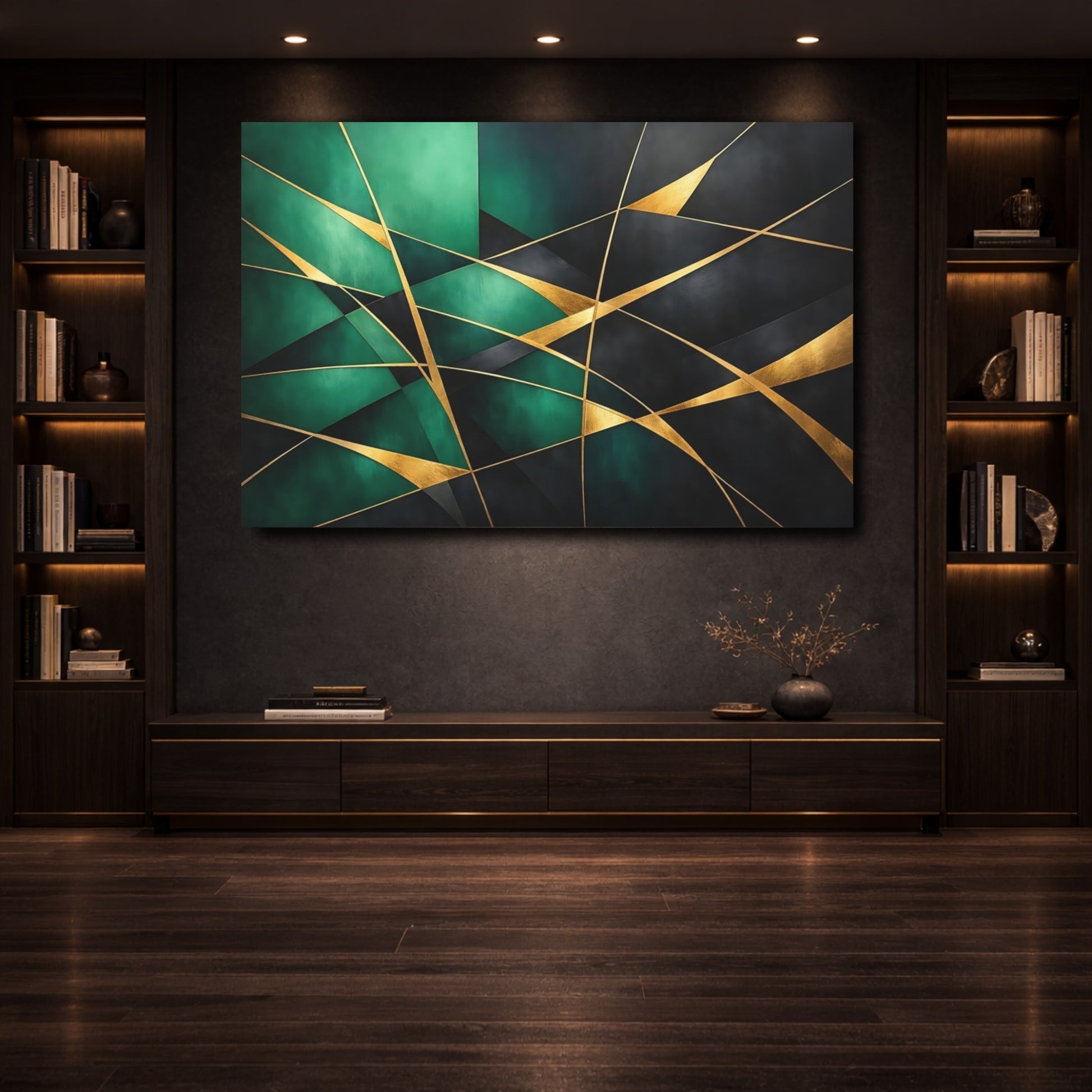 Mockup 3. Abstract Geometric Shapes Emerald Gold Abstract shown as stretched canvas wall art