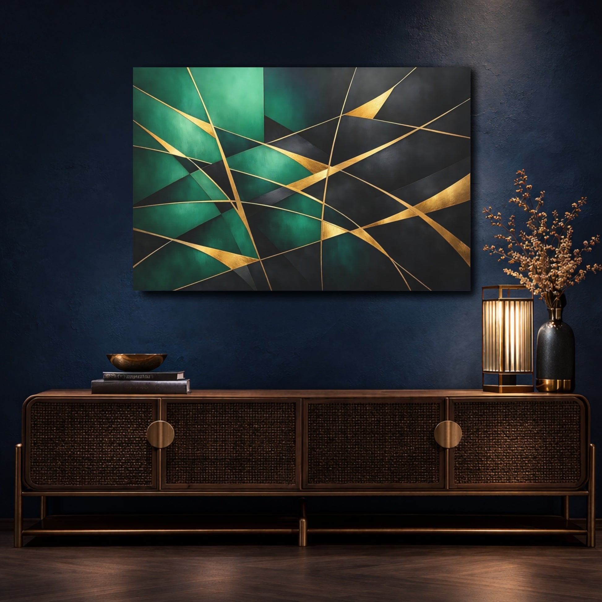Mockup 4. Abstract Geometric Shapes Emerald Gold Abstract shown as stretched canvas wall art