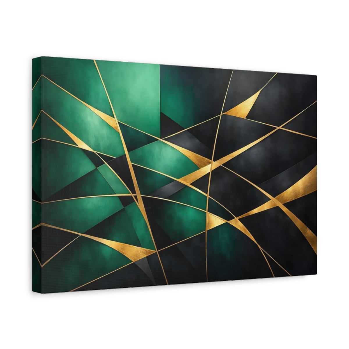 Side Mockup 4. Abstract Geometric Shapes Emerald Gold Abstract shown as stretched canvas wall art