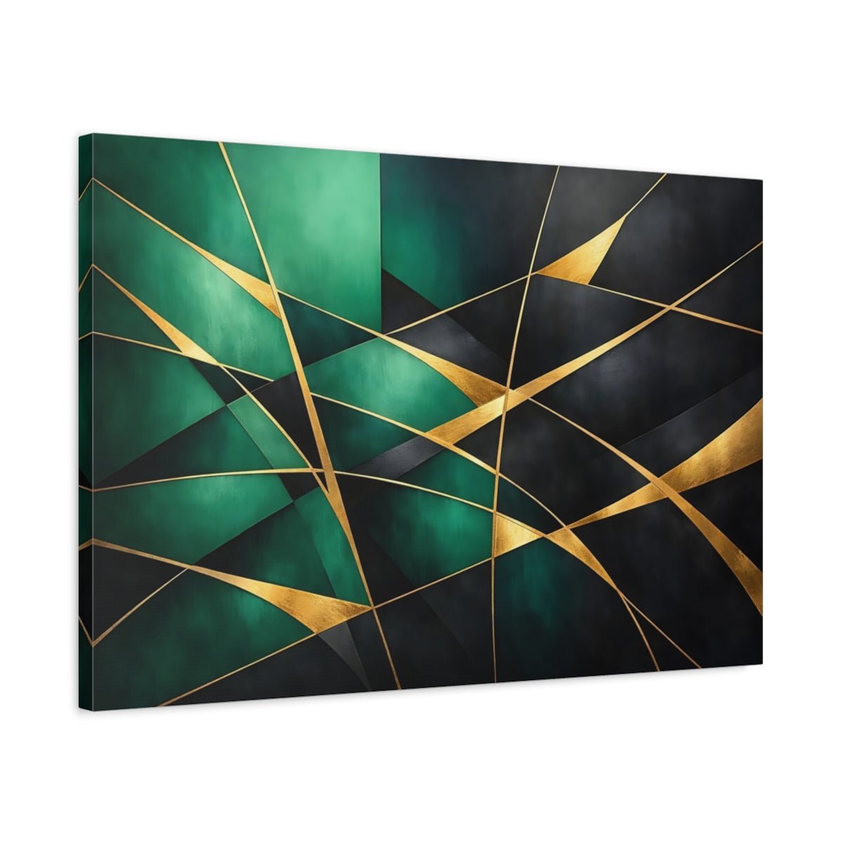 Side Mockup 2. Abstract Geometric Shapes Emerald Gold Abstract shown as stretched canvas wall art