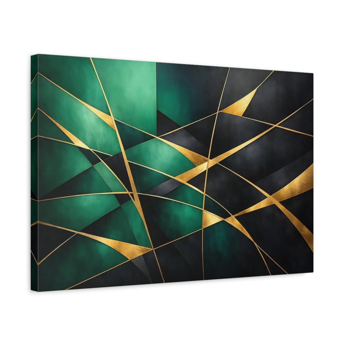Side Mockup 3. Abstract Geometric Shapes Emerald Gold Abstract shown as stretched canvas wall art