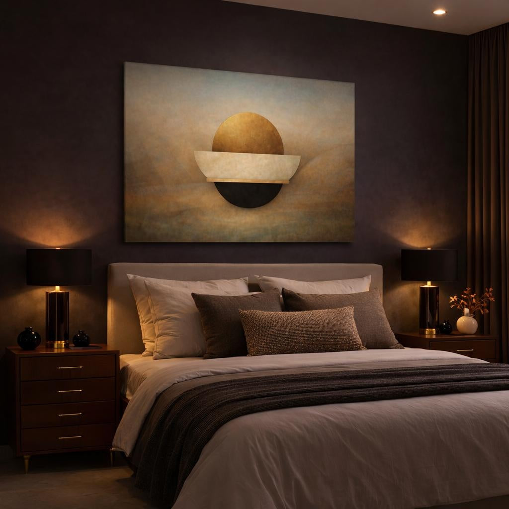 Abstract Geometric Shapes Gold And Black Abstract shown as canvas wall art in a luxury bedroom