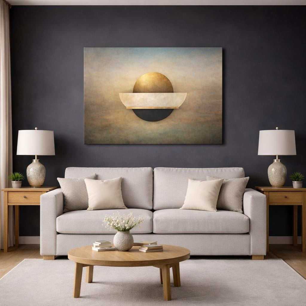 Abstract Geometric Shapes Gold And Black Abstract shown as canvas wall art in a modern living room