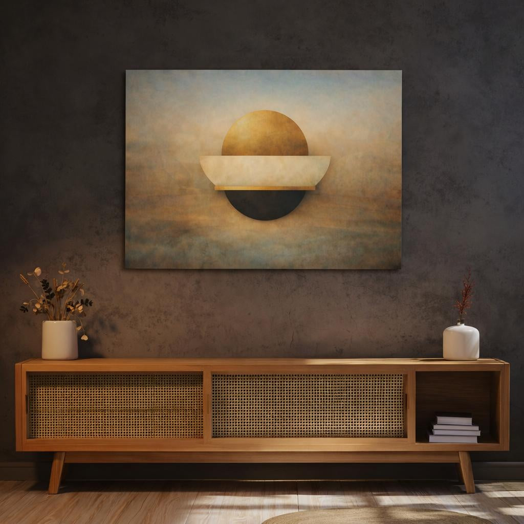 Abstract Geometric Shapes Gold And Black Abstract shown as canvas wall art in a luxury executive office