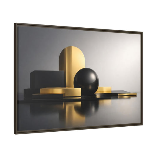 Main Mockup. Abstract Geometric Shapes Gold And Black Abstract shown as stretched canvas wall art