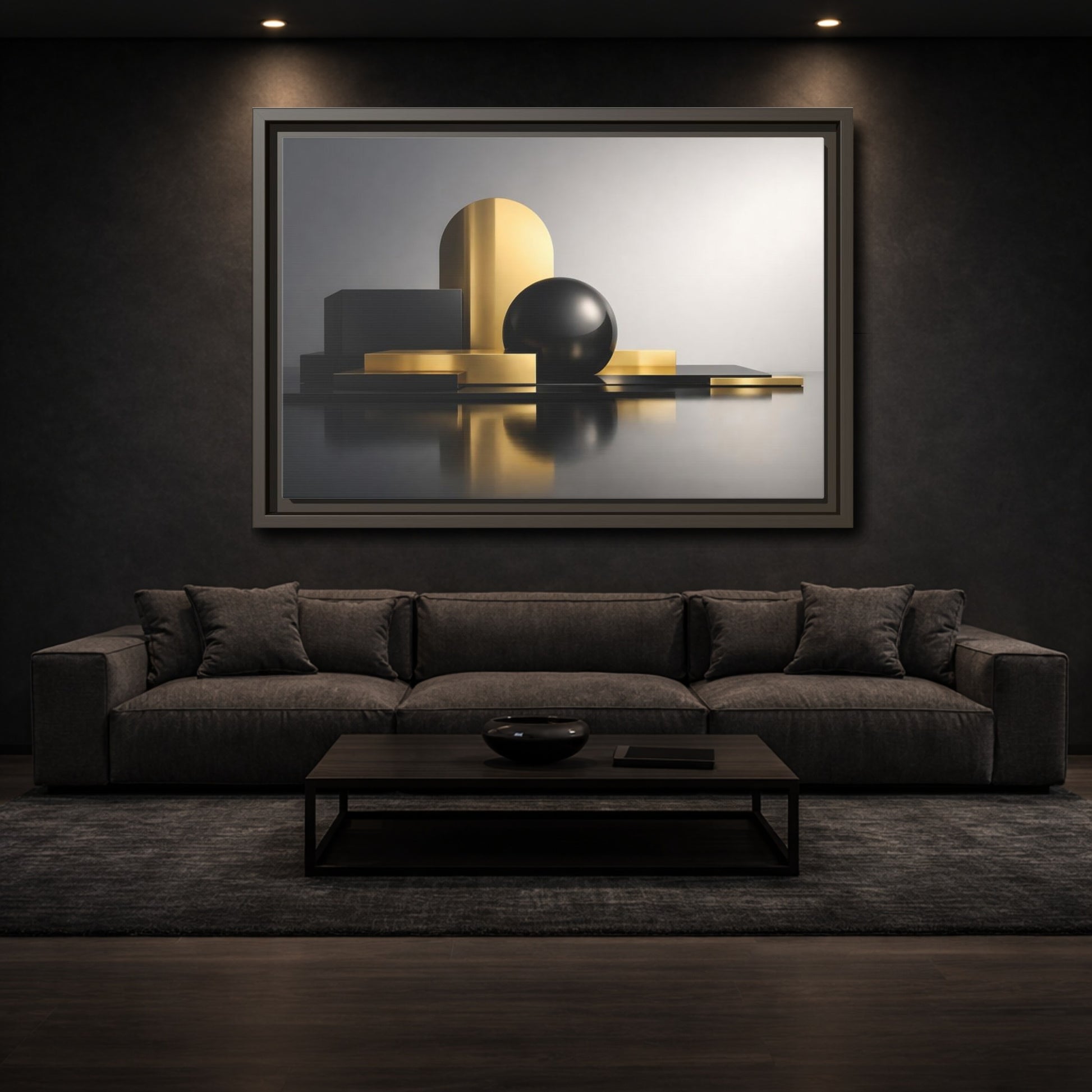 Mockup 2. Abstract Geometric Shapes Gold And Black Abstract shown as stretched canvas wall art