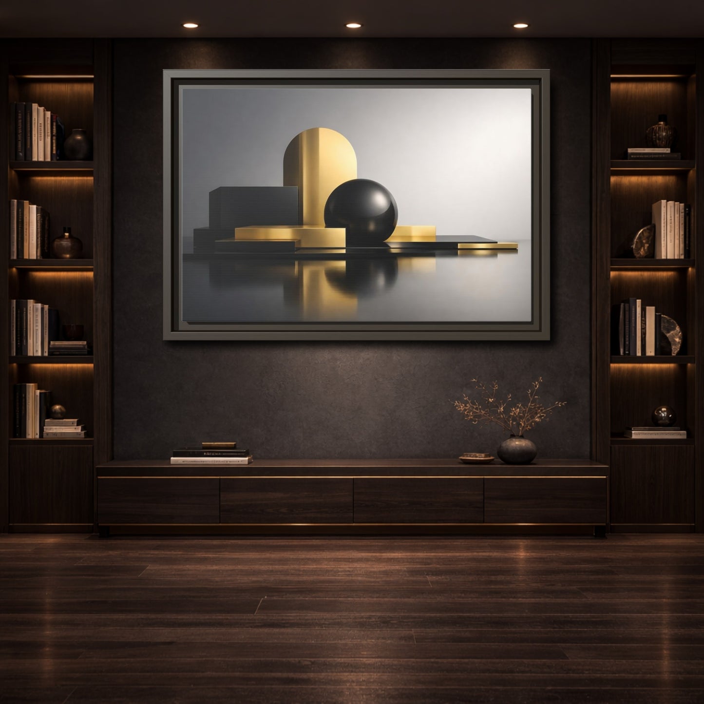 Mockup 3. Abstract Geometric Shapes Gold And Black Abstract shown as stretched canvas wall art