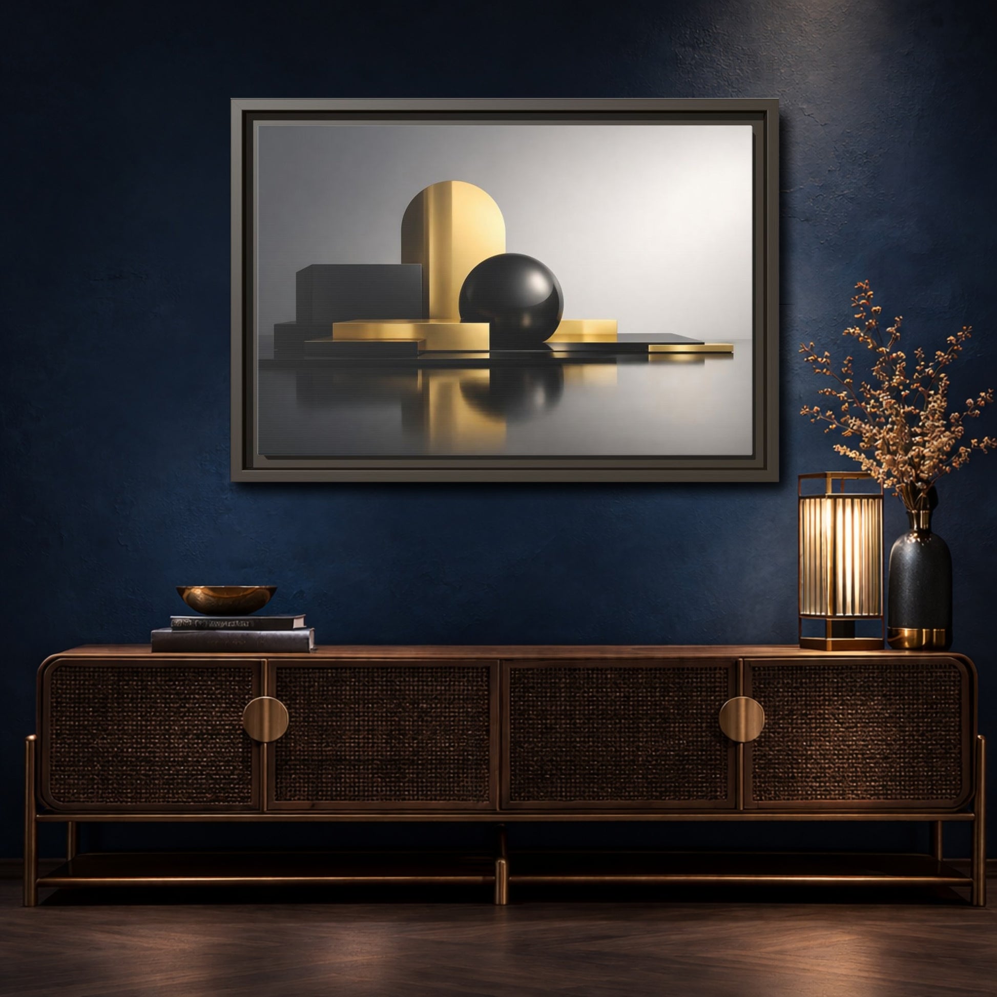 Mockup 4. Abstract Geometric Shapes Gold And Black Abstract shown as stretched canvas wall art