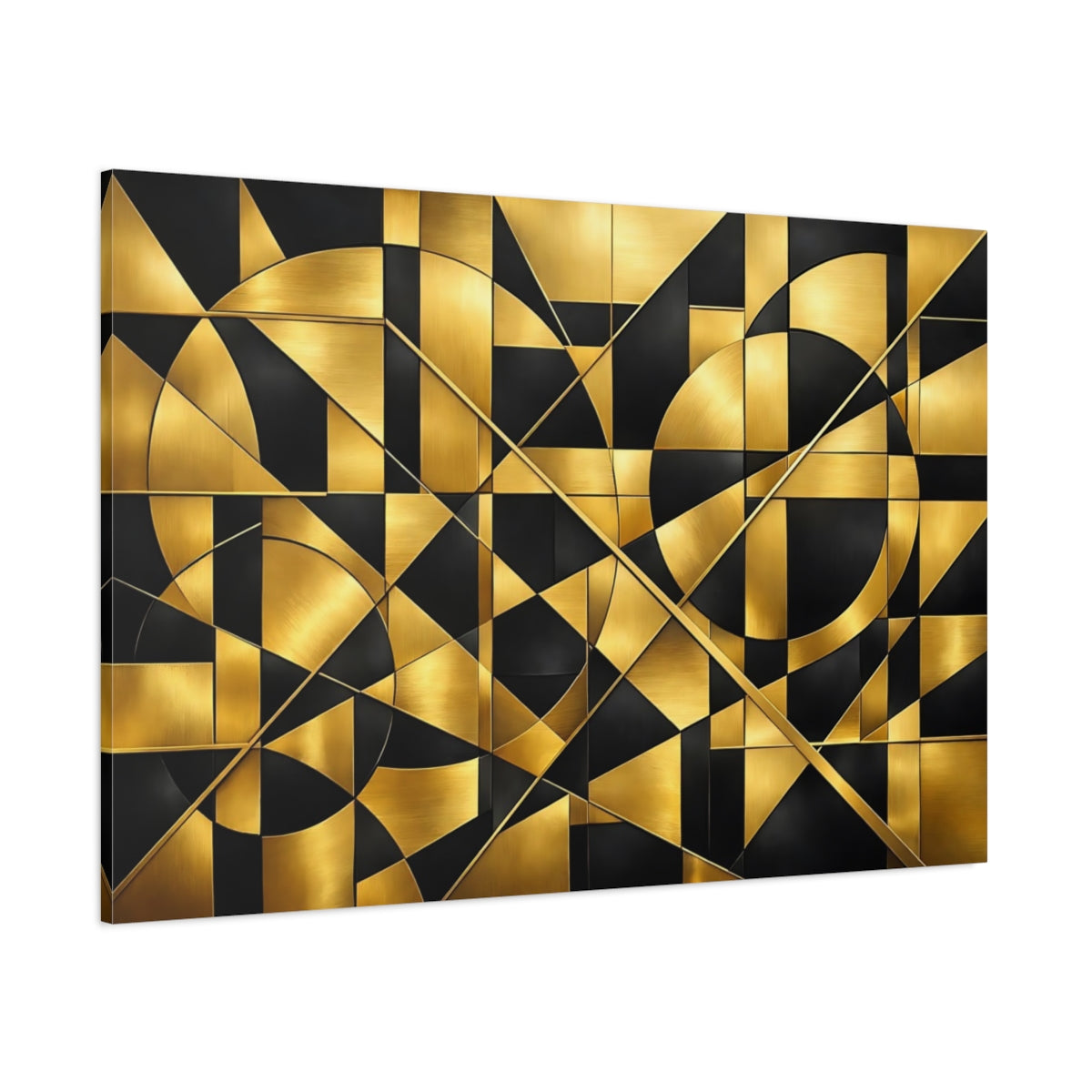 Main Mockup. Abstract Geometric Shapes Gold And Black shown as stretched canvas wall art
