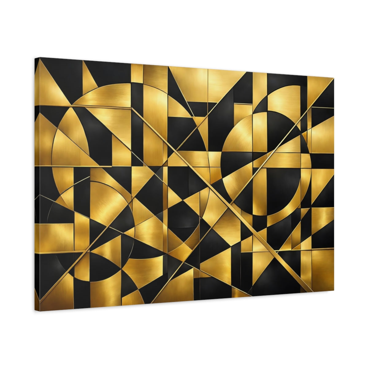 Side Mockup 1. Abstract Geometric Shapes Gold And Black shown as stretched canvas wall art