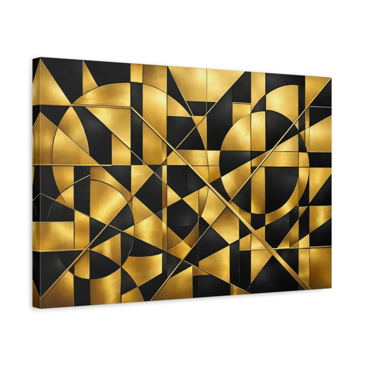 Side Mockup 3. Abstract Geometric Shapes Gold And Black shown as stretched canvas wall art