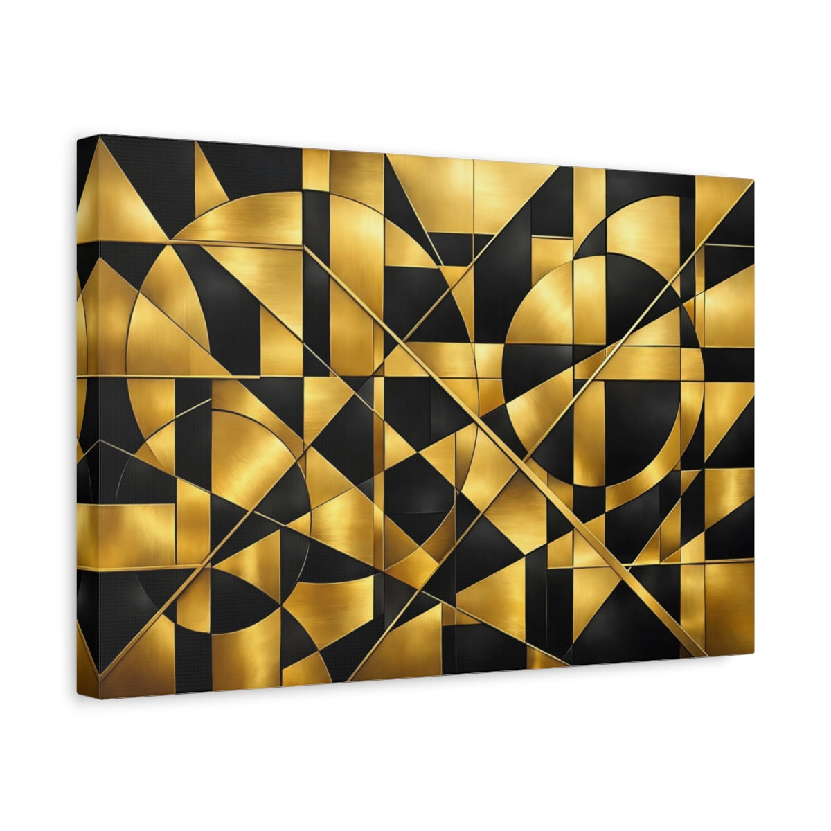 Side Mockup 4. Abstract Geometric Shapes Gold And Black shown as stretched canvas wall art