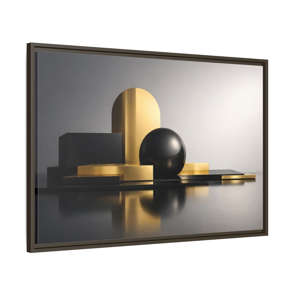 Side Mockup 9. Abstract Geometric Shapes Gold And Black Abstract shown as stretched canvas wall art