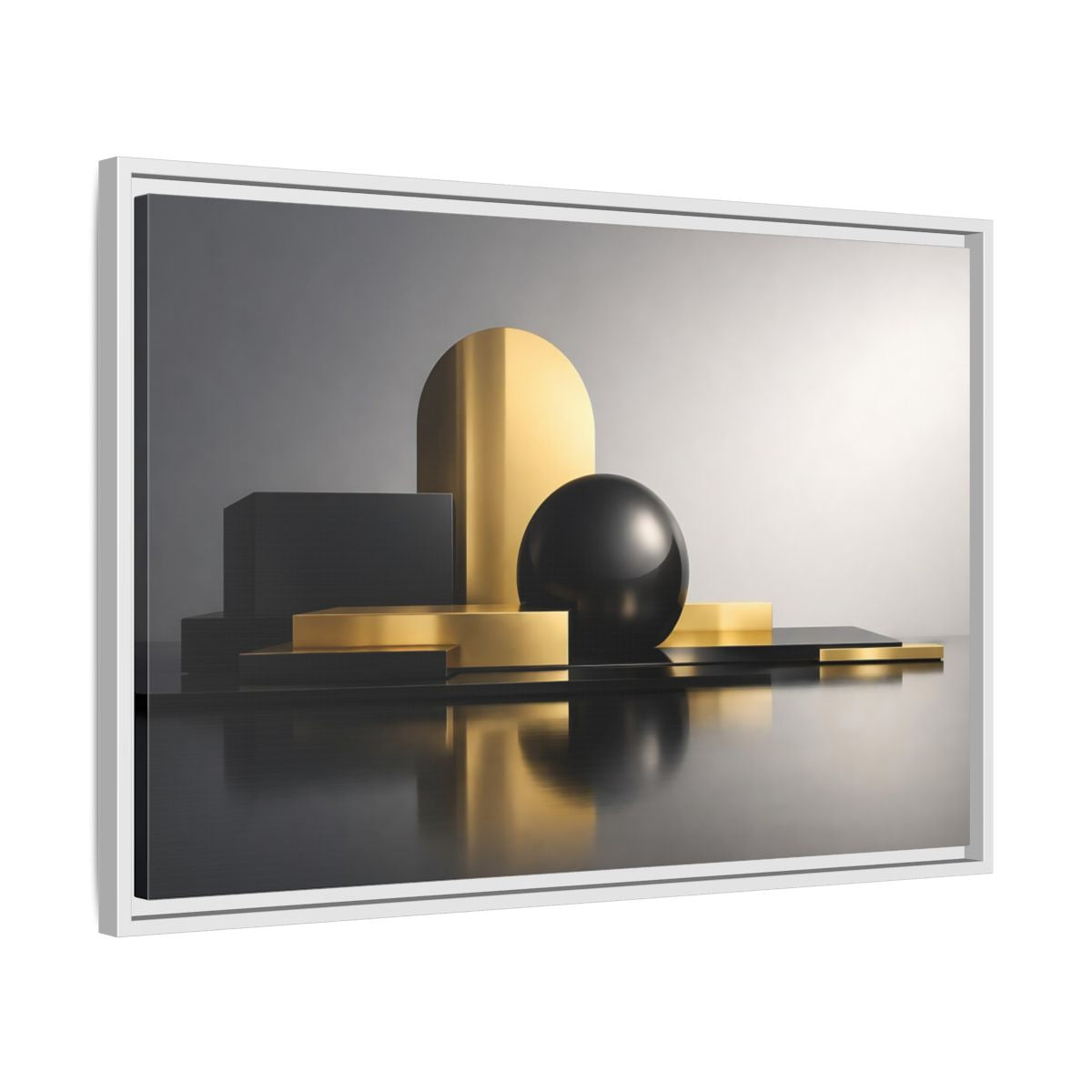 Side Mockup 10. Abstract Geometric Shapes Gold And Black Abstract shown as stretched canvas wall art