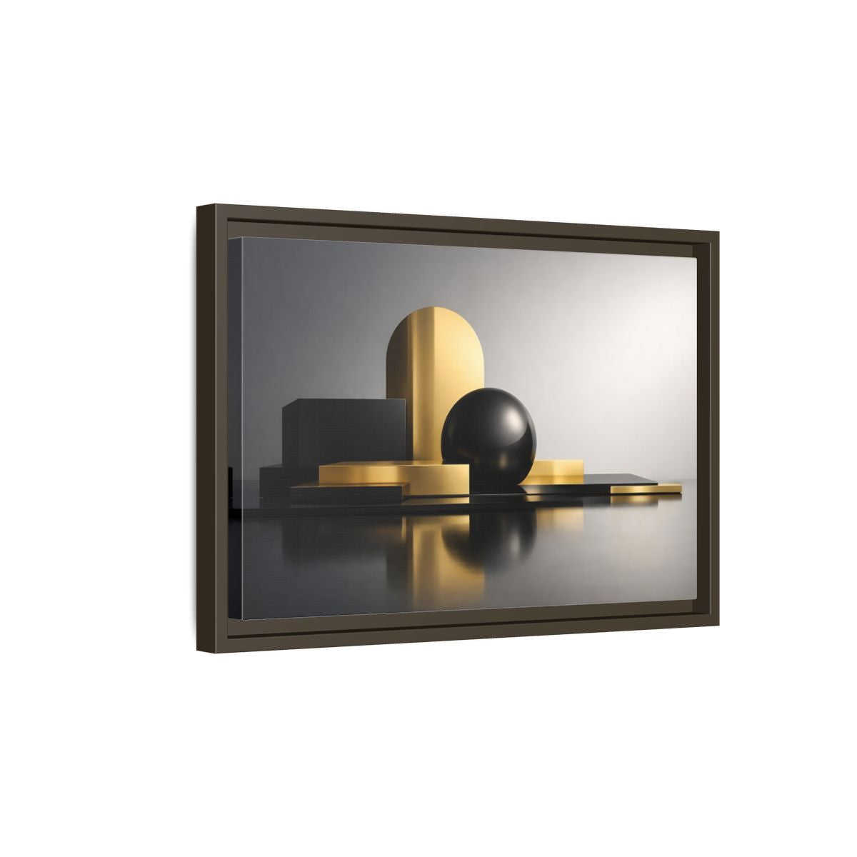 Side Mockup 5. Abstract Geometric Shapes Gold And Black Abstract shown as stretched canvas wall art