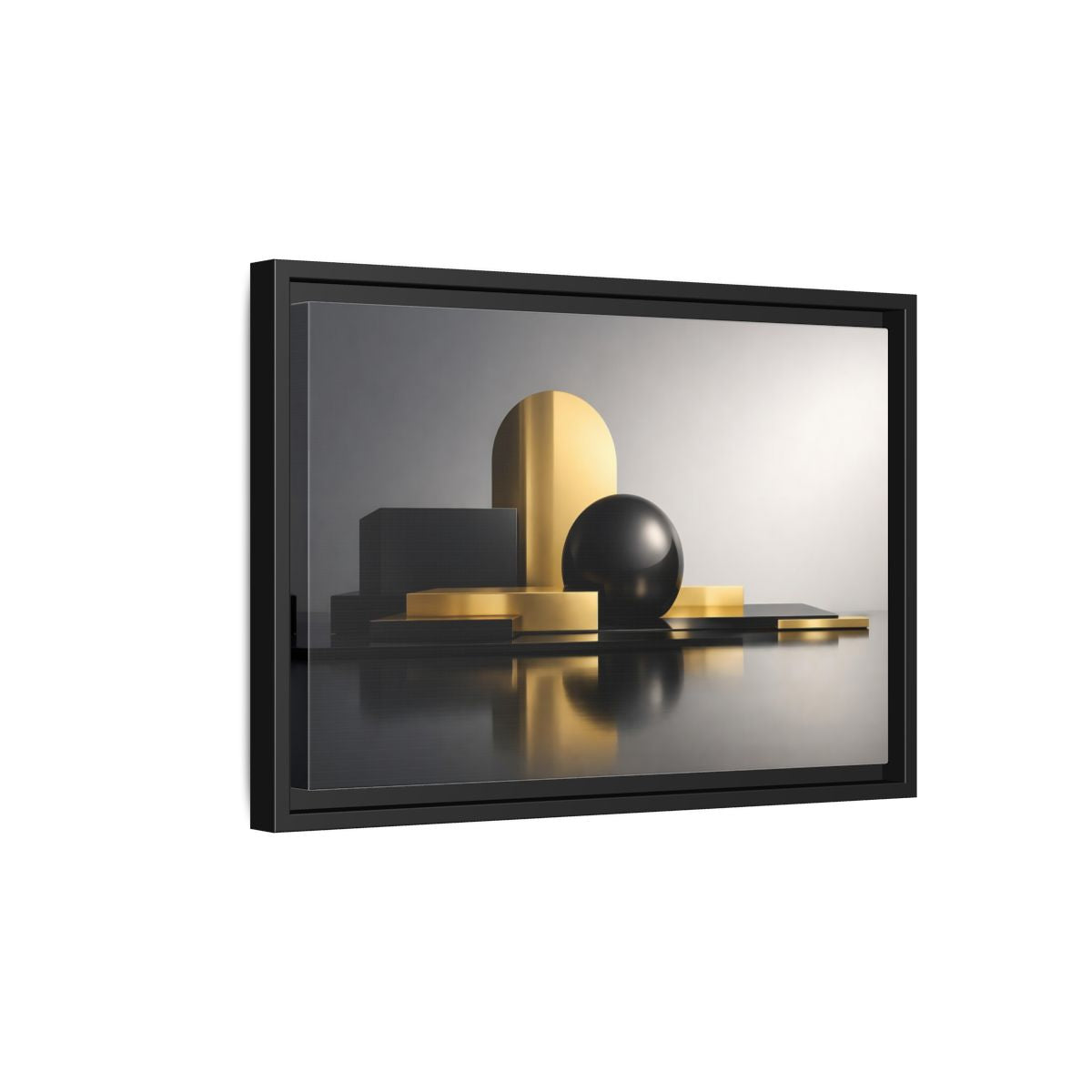 Side Mockup 6. Abstract Geometric Shapes Gold And Black Abstract shown as stretched canvas wall art