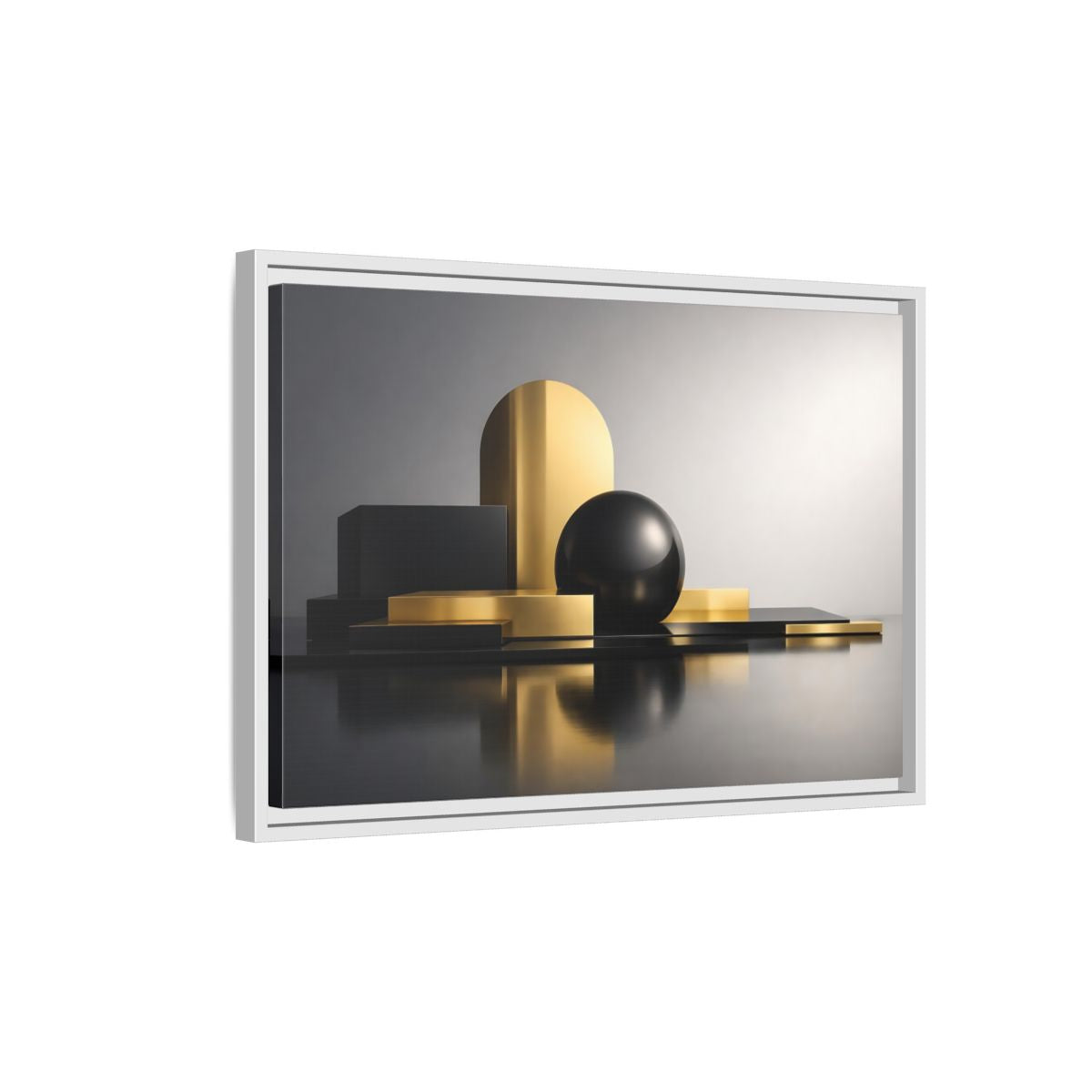 Side Mockup 1. Abstract Geometric Shapes Gold And Black Abstract shown as stretched canvas wall art