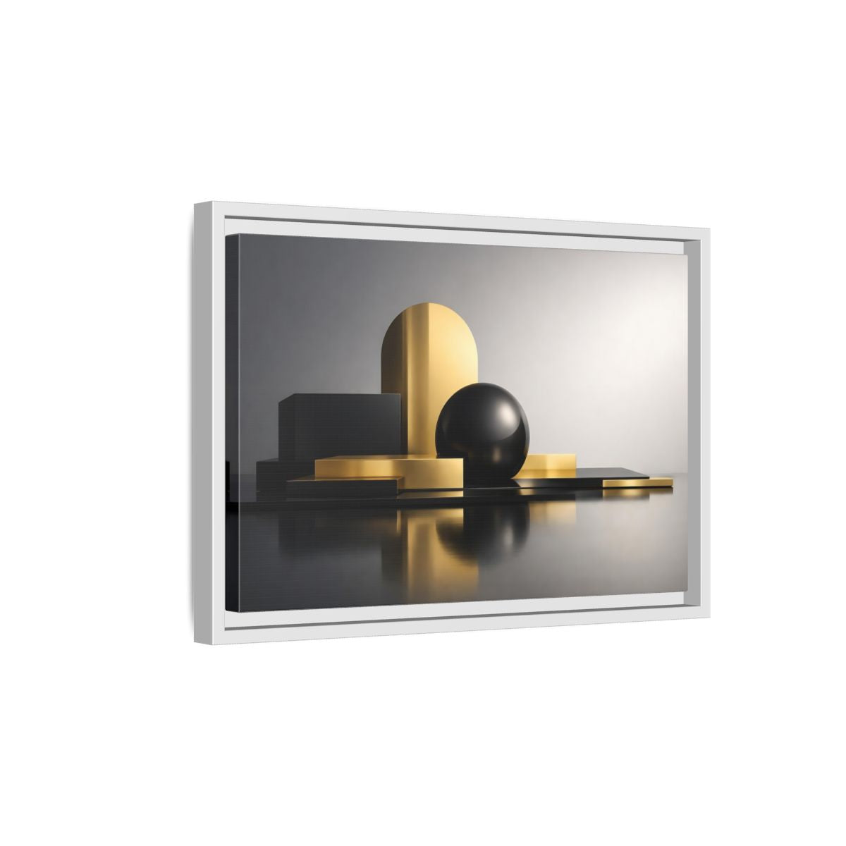Side Mockup 4. Abstract Geometric Shapes Gold And Black Abstract shown as stretched canvas wall art
