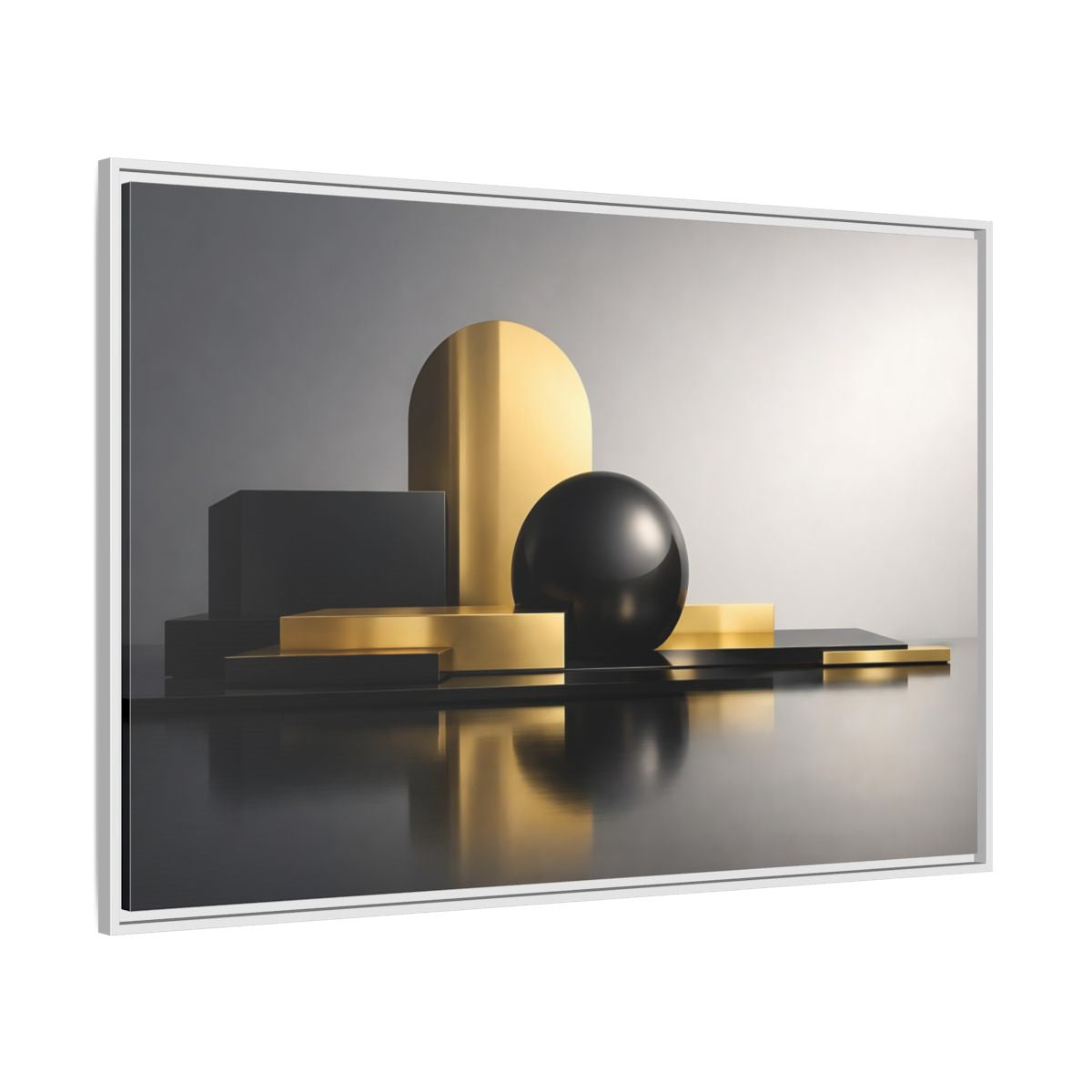 Side Mockup 7. Abstract Geometric Shapes Gold And Black Abstract shown as stretched canvas wall art