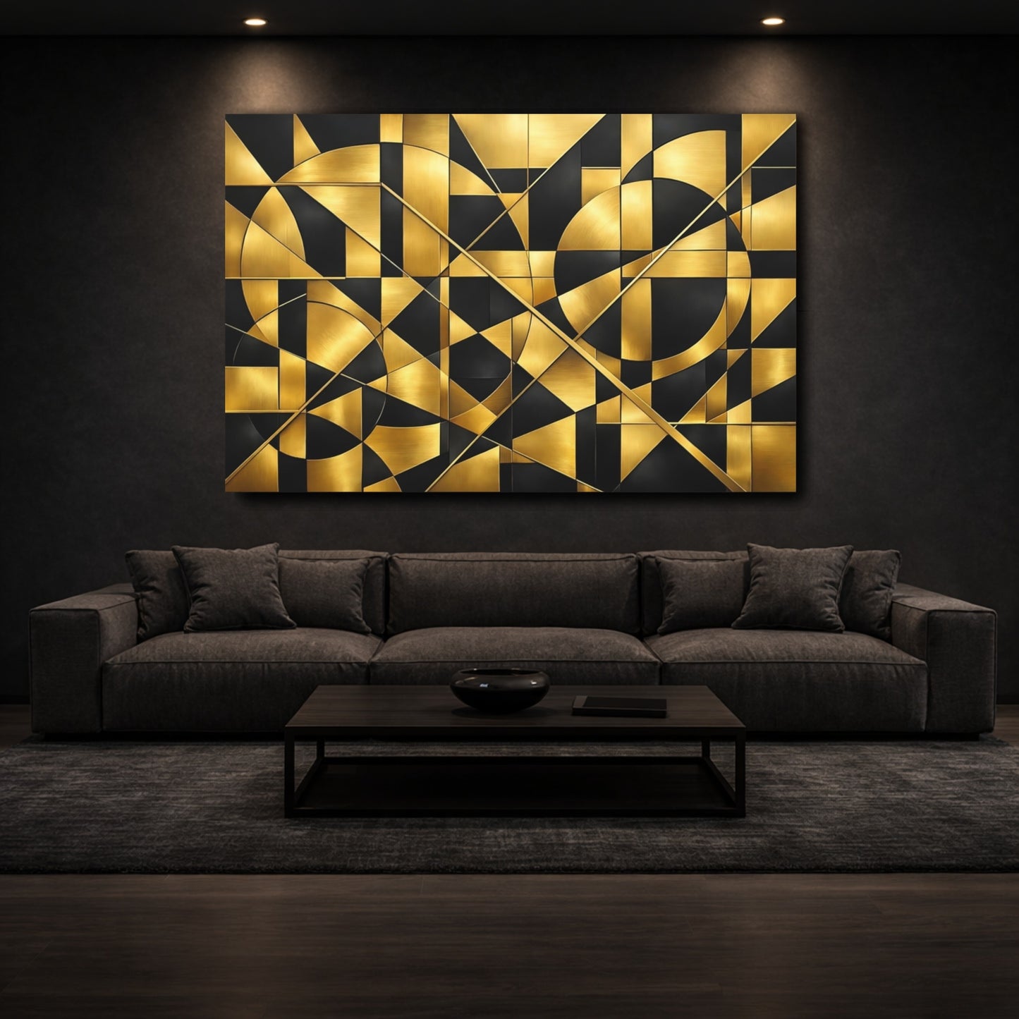 Mockup 2. Abstract Geometric Shapes Gold And Black shown as stretched canvas wall art