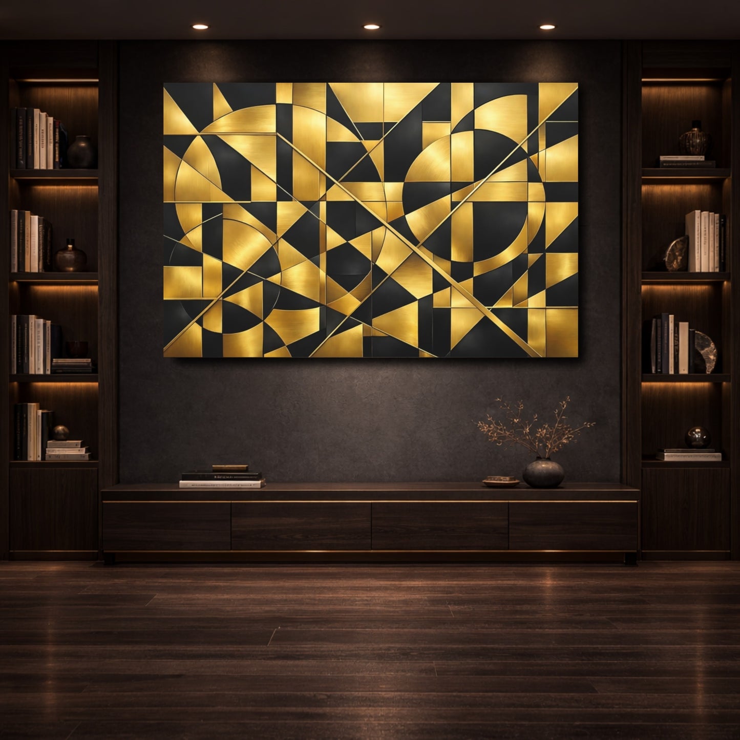 Mockup 3. Abstract Geometric Shapes Gold And Black shown as stretched canvas wall art