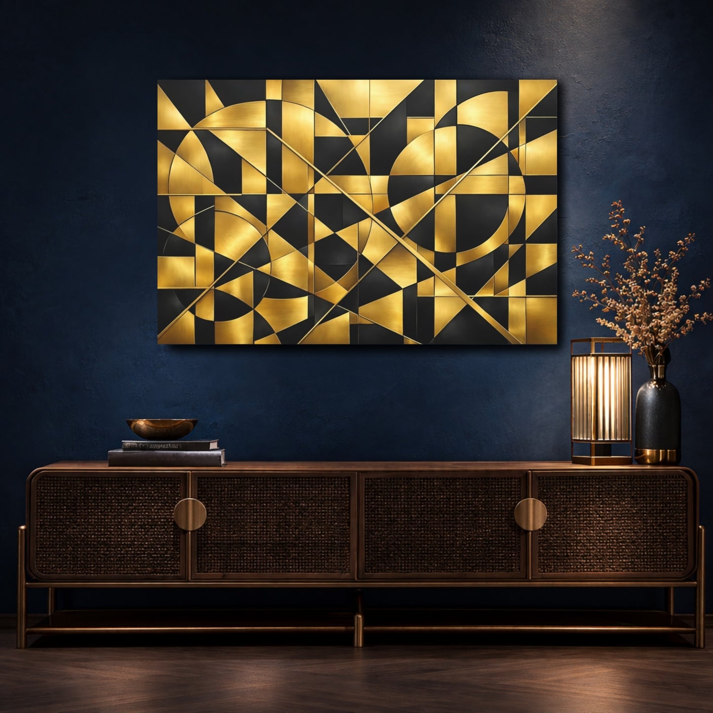 Mockup 4. Abstract Geometric Shapes Gold And Black shown as stretched canvas wall art