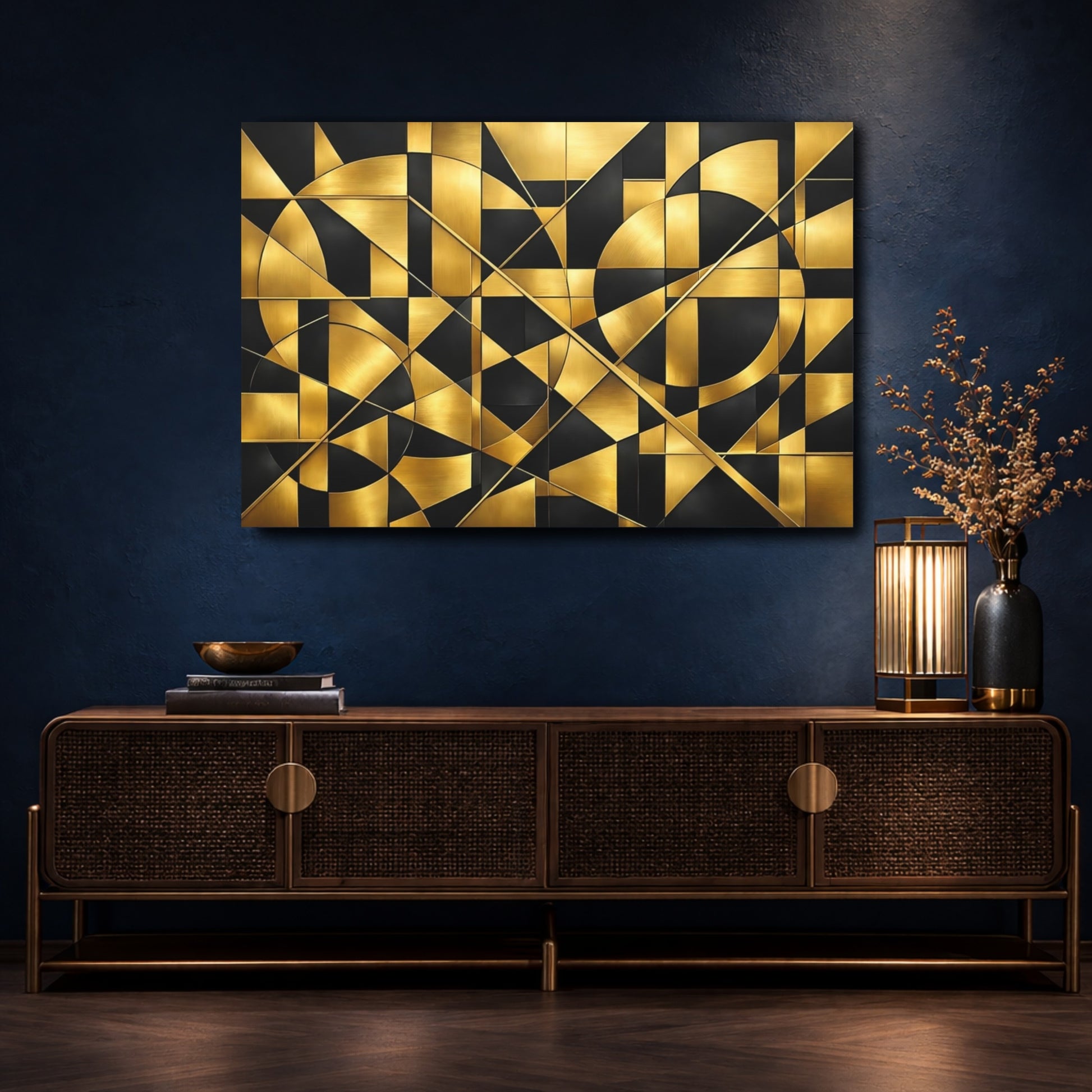 Mockup 4. Abstract Geometric Shapes Gold And Black shown as stretched canvas wall art