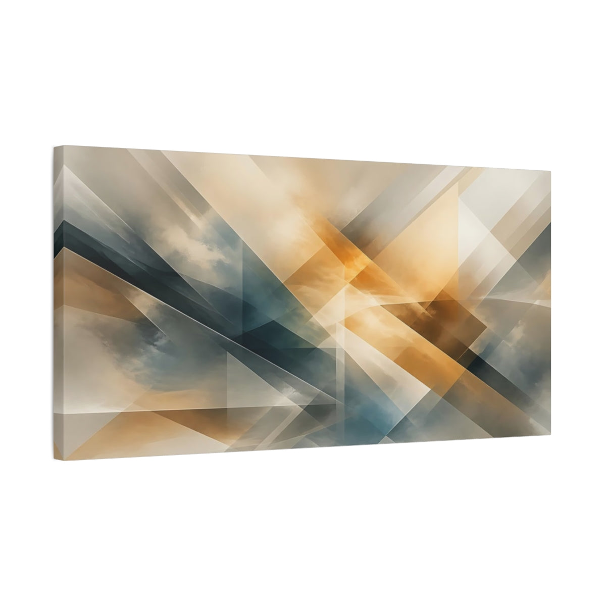 Side Mockup 1. Abstract Geometric Shapes Gold And Blue shown as stretched canvas wall art