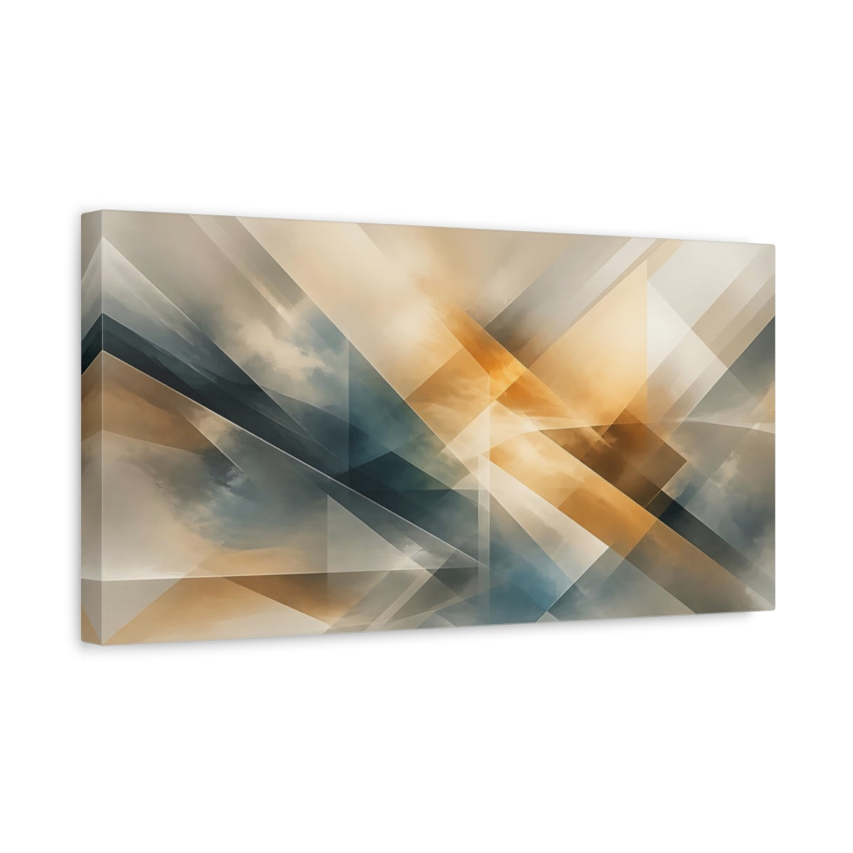 Side Mockup 3. Abstract Geometric Shapes Gold And Blue shown as stretched canvas wall art