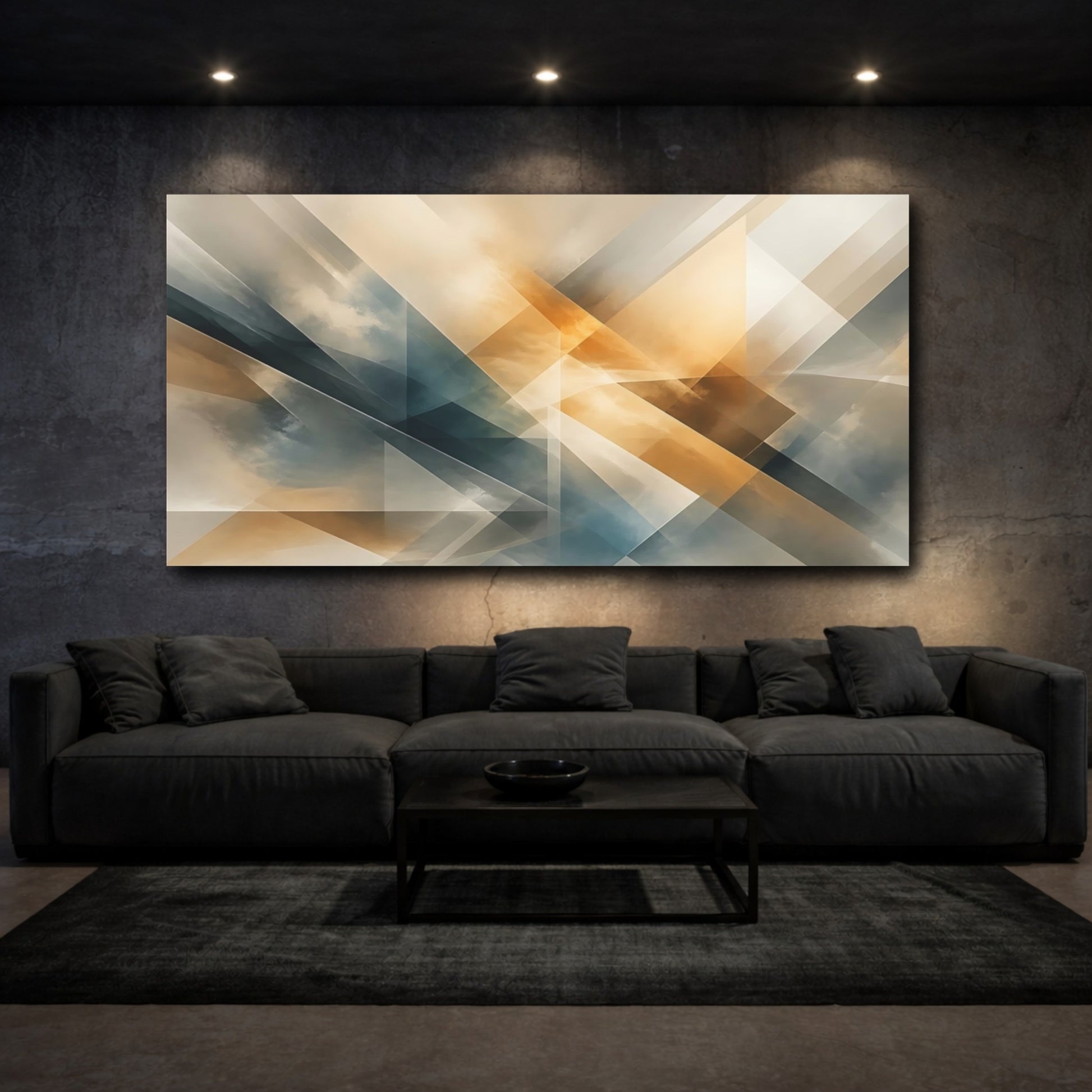 Mockup 2. Abstract Geometric Shapes Gold And Blue shown as stretched canvas wall art