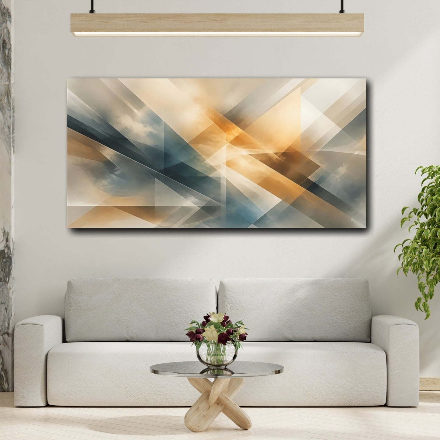 Mockup 3. Abstract Geometric Shapes Gold And Blue shown as stretched canvas wall art