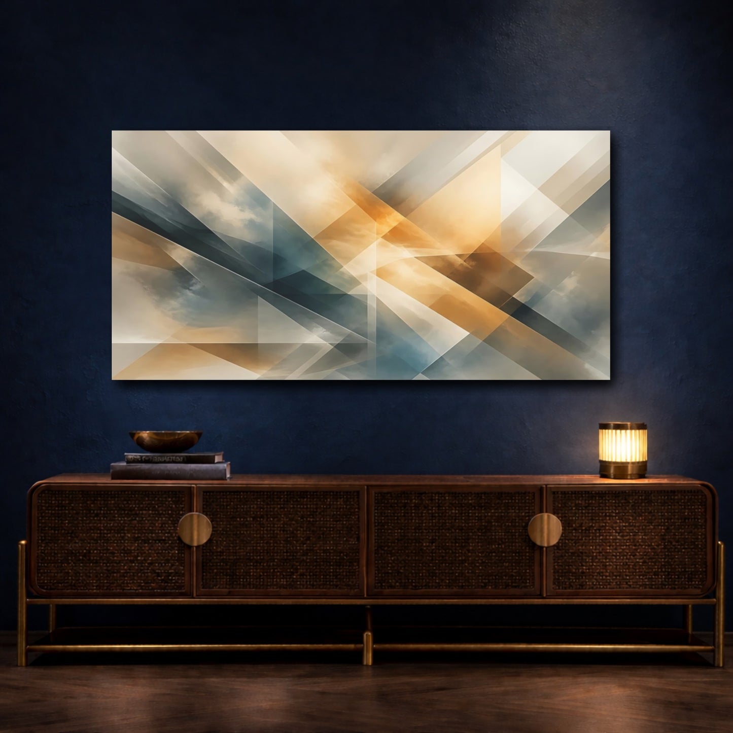Mockup 4. Abstract Geometric Shapes Gold And Blue shown as stretched canvas wall art