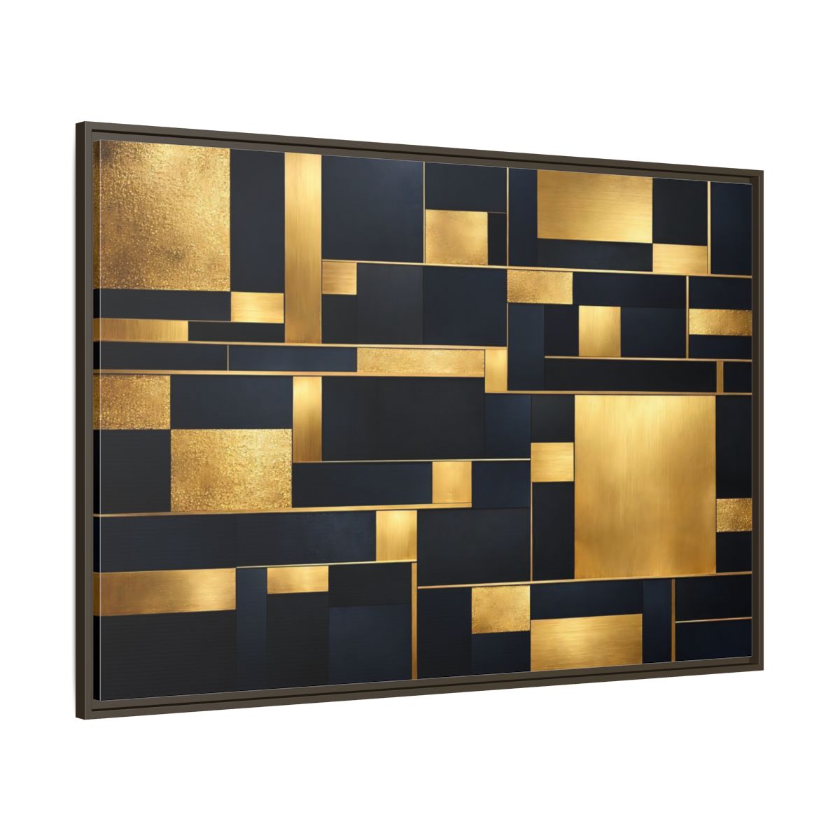 Main Mockup. Abstract Geometric Shapes Gold And Dark Blue shown as stretched canvas wall art