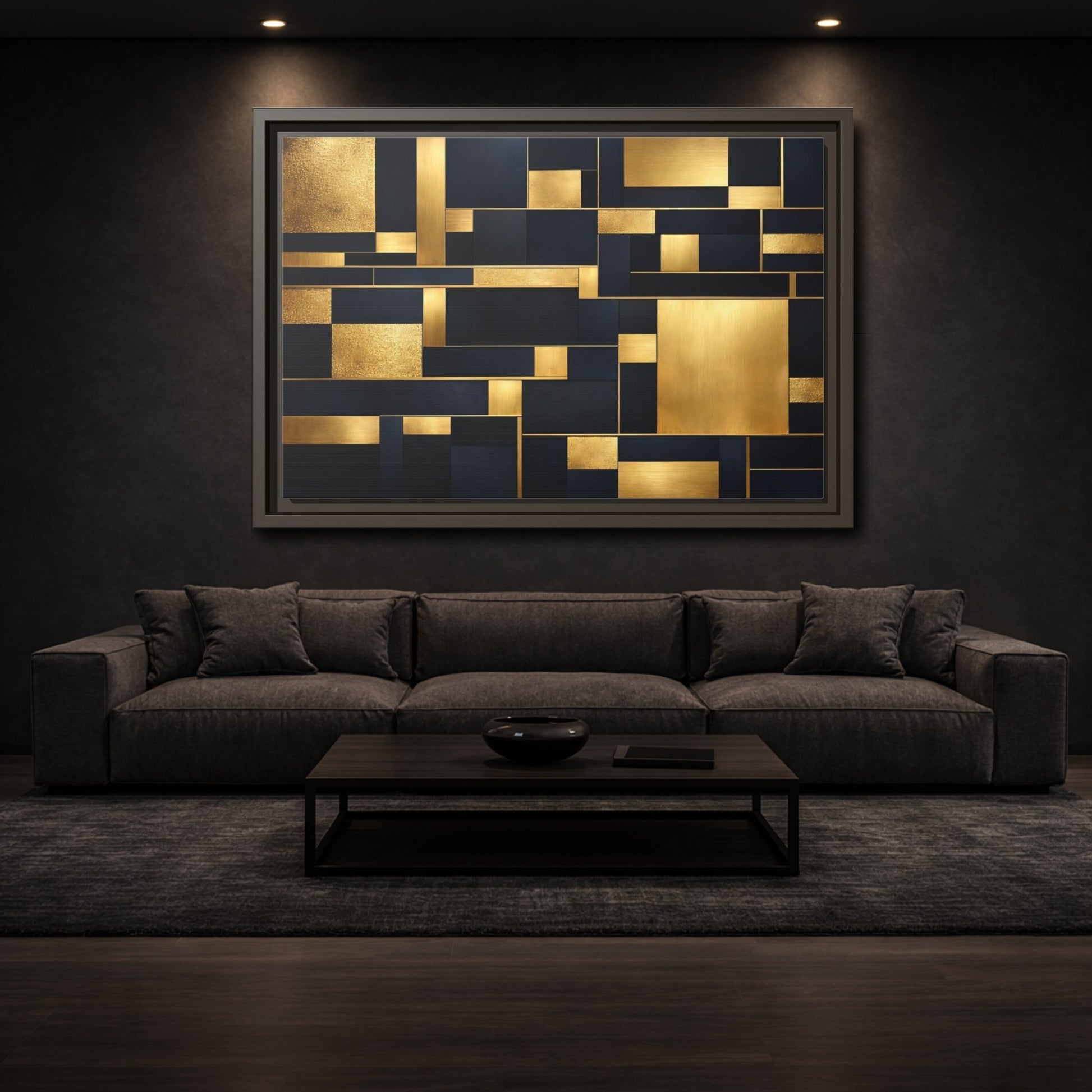 Mockup 2. Abstract Geometric Shapes Gold And Dark Blue shown as stretched canvas wall art